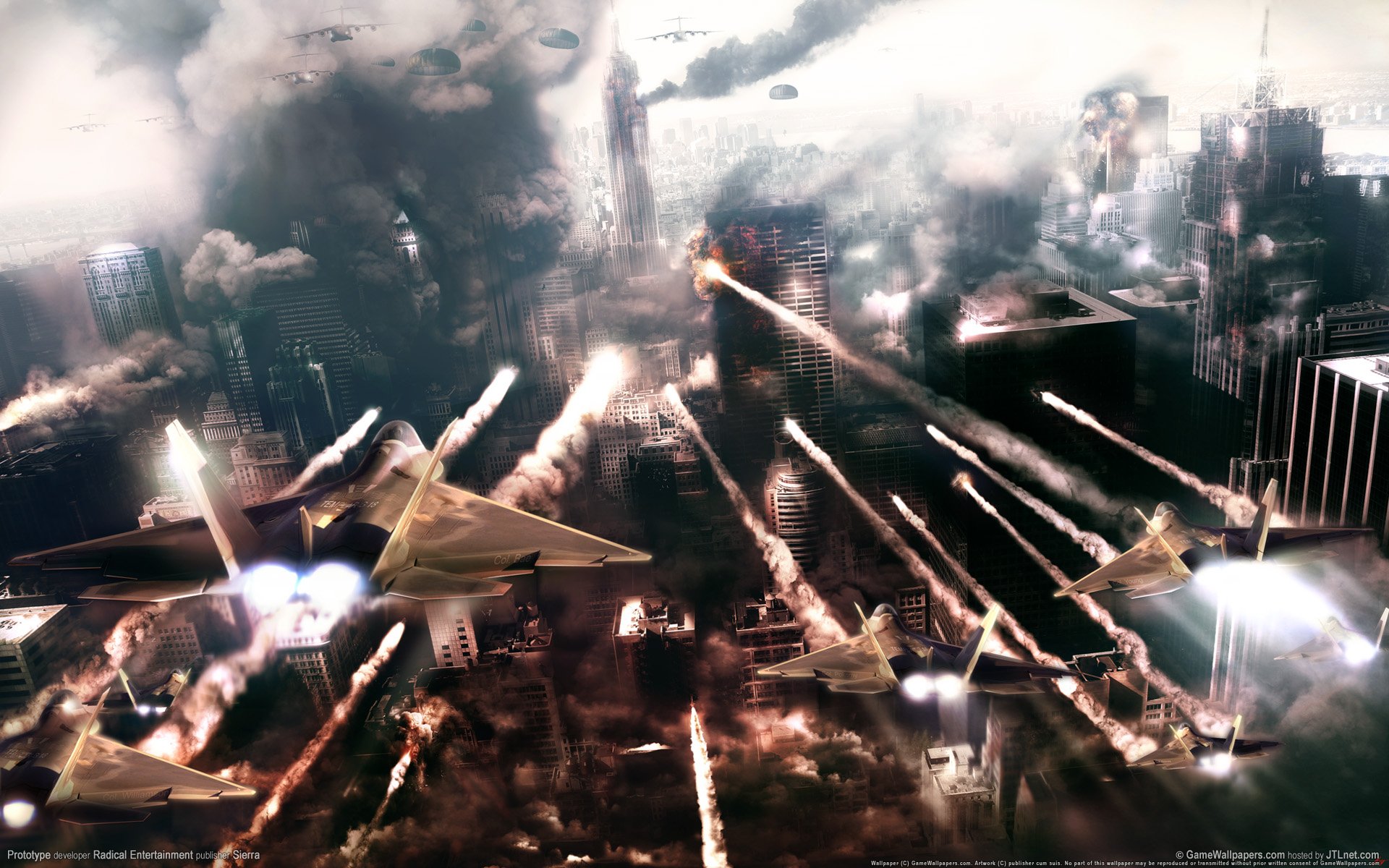 A chaotic cityscape from the video game Prototype (2009) with aircraft flying and trails of smoke amidst dark clouds and tall buildings.