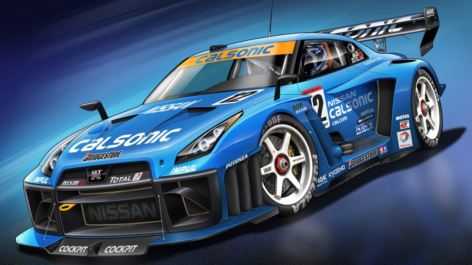 Blue Nissan race vehicle with Calsonic livery, aggressive aerodynamic body, prominent rear wing and racing wheels.
