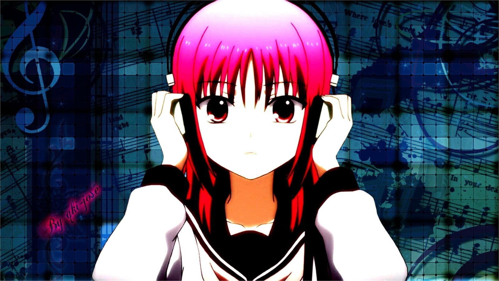 A character from the anime *Angel Beats!*, Masami Iwasawa, is shown with pink hair and headphones against a vibrant music-themed background.