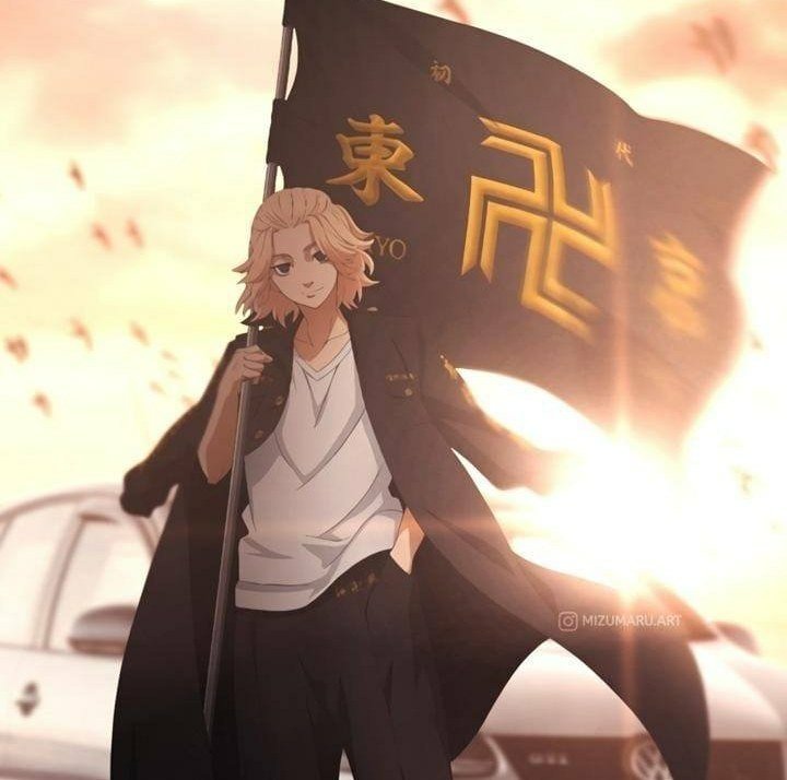 Anime-style illustration from Tokyo Revengers featuring a confident character holding a large black flag with golden Japanese characters and symbols against a sunset backdrop.