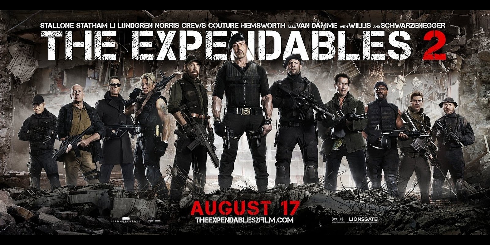 A promotional poster for the movie The Expendables 2, featuring an ensemble cast of action stars posed with weapons against a gritty, destroyed backdrop. Release date: August 17.