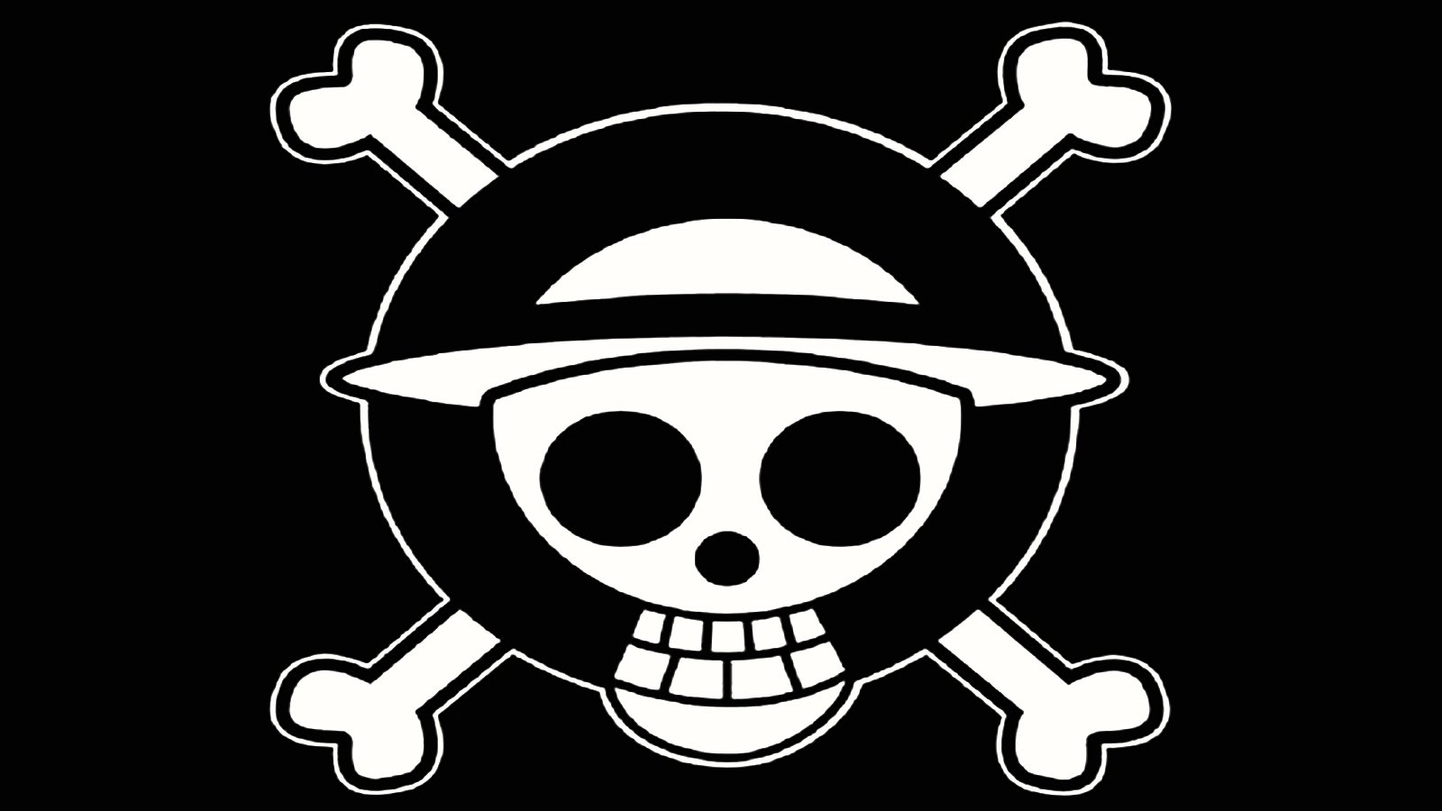 One Piece anime Jolly Roger: black-and-white smiling skull wearing a straw hat above crossed bones on a solid black background.