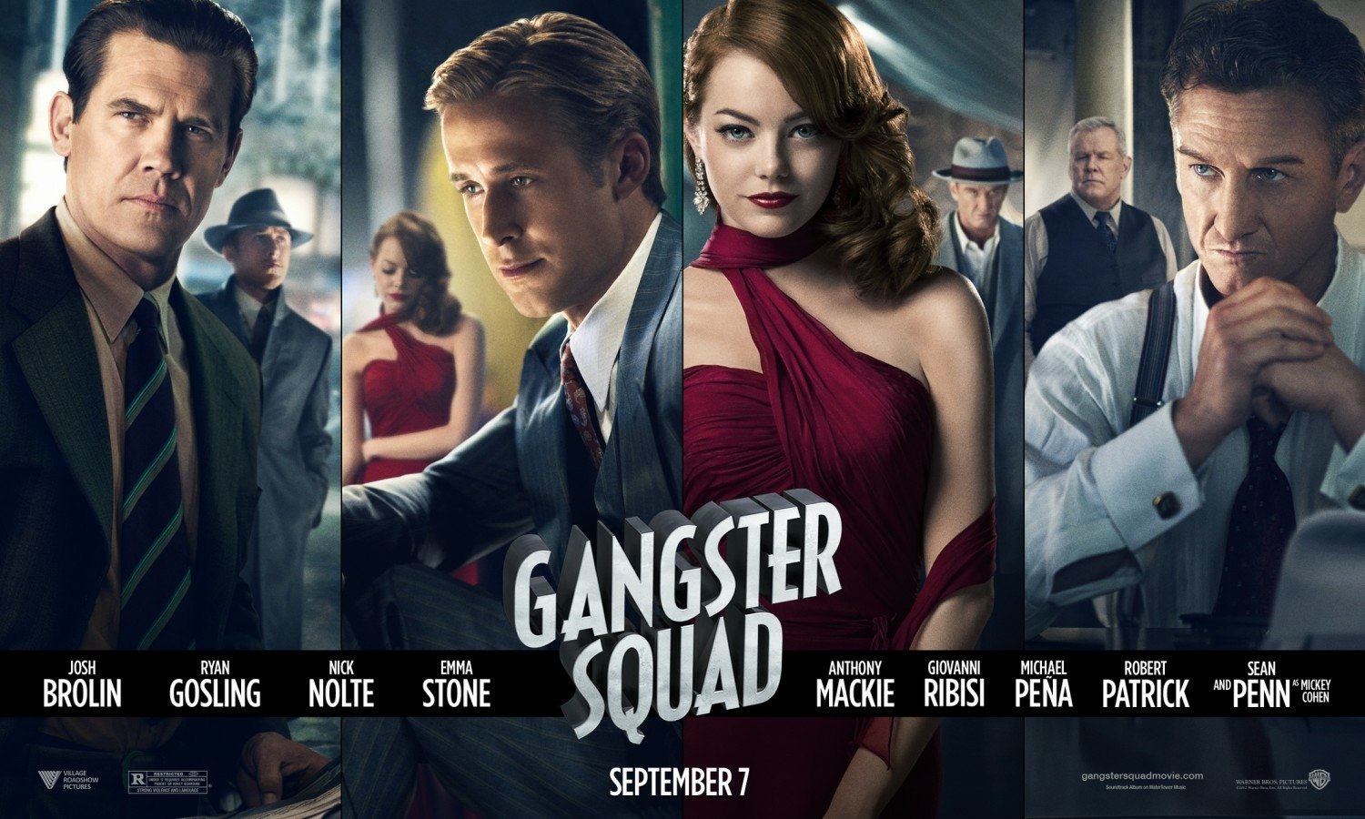 Promotional image for the movie Gangster Squad featuring Josh Brolin, Ryan Gosling, Emma Stone, and Sean Penn in dramatic poses.