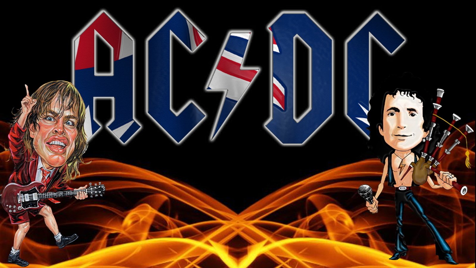 Illustration featuring Bon Scott and AC/DC's iconic logo with fiery effects, celebrating the legendary rock band's music legacy.