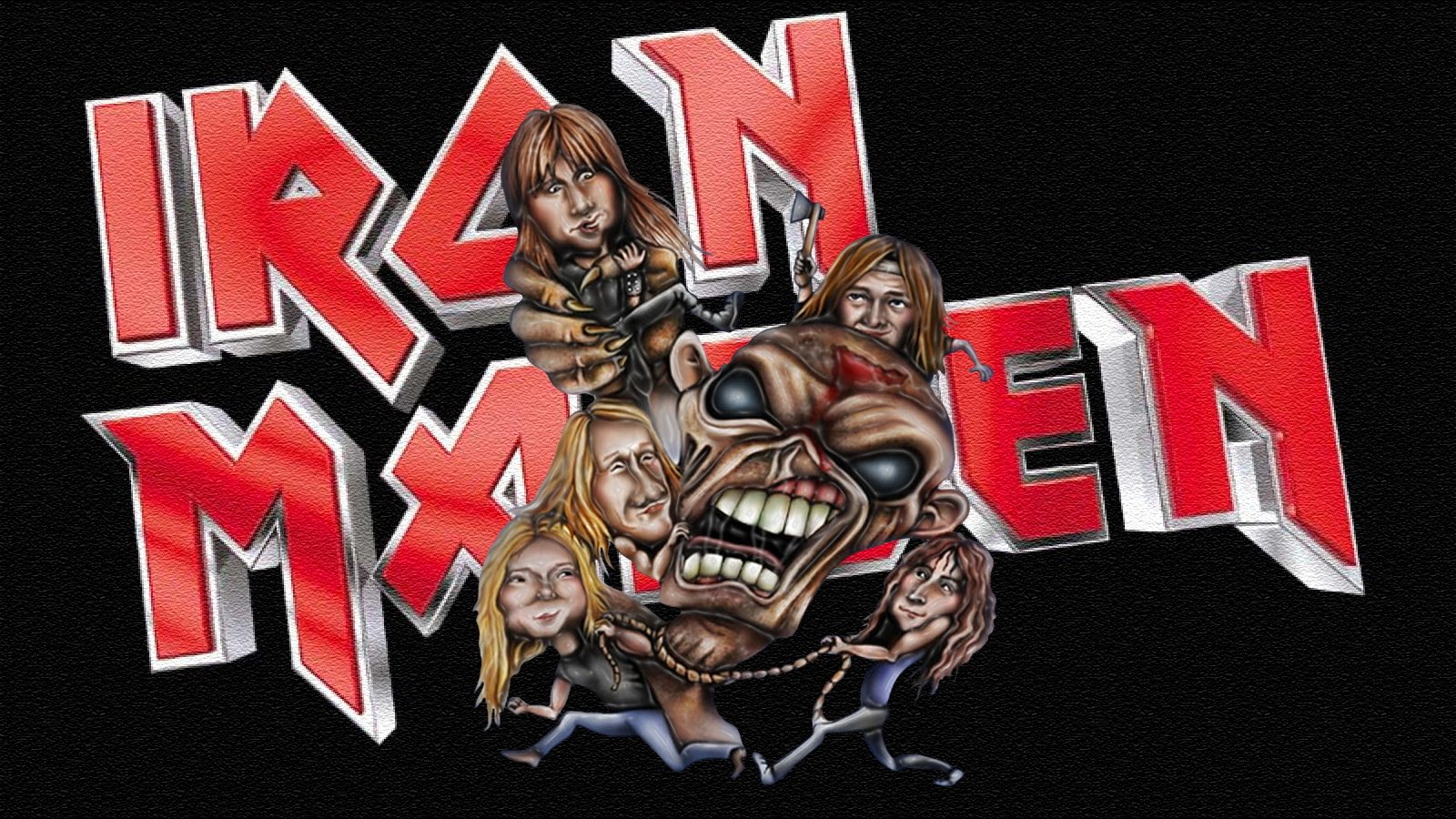 Illustration of Iron Maiden's logo with band members' faces and a menacing Eddie character, representing the iconic rock music group.