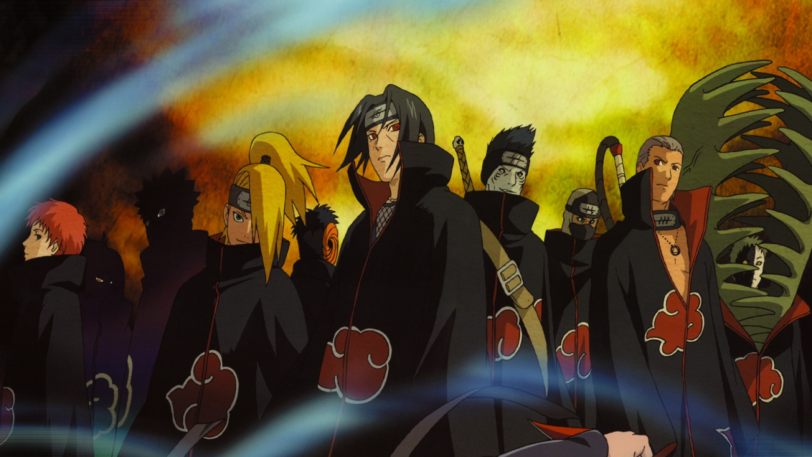 A group of iconic characters from the anime Naruto, including Kakuzu, Zetsu, Hidan, Kisame Hoshigaki, Konan, Obito Uchiha, Deidara, Pain, Sasori, and Itachi Uchiha, stands against a dramatic backdrop.