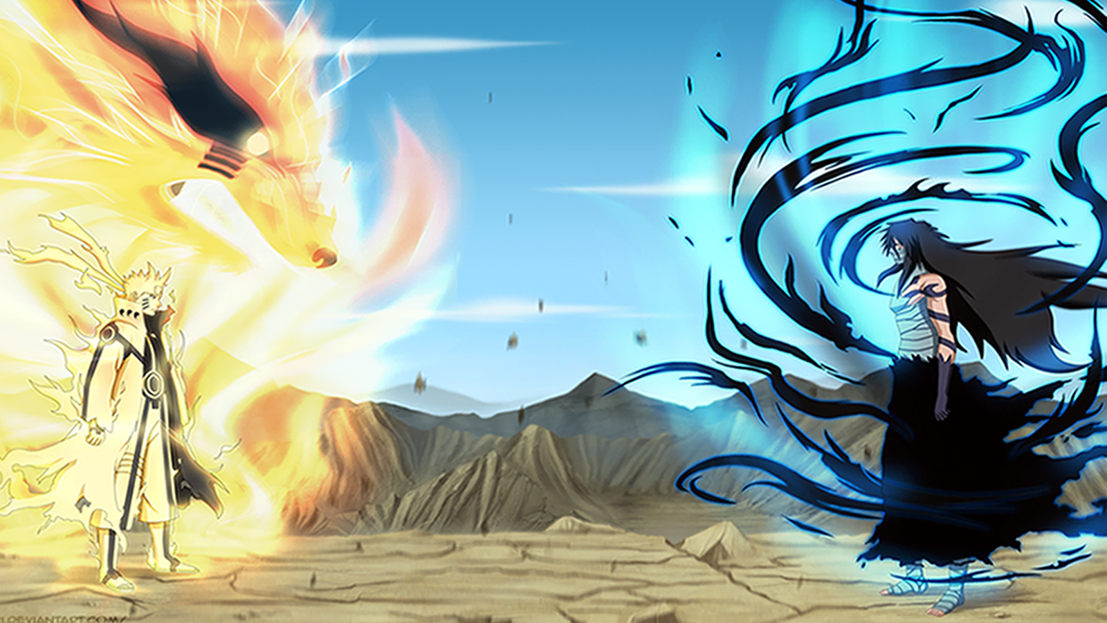 A dynamic anime crossover scene featuring fierce characters clashing in a desolate landscape, with vibrant elemental powers represented in yellow and blue.