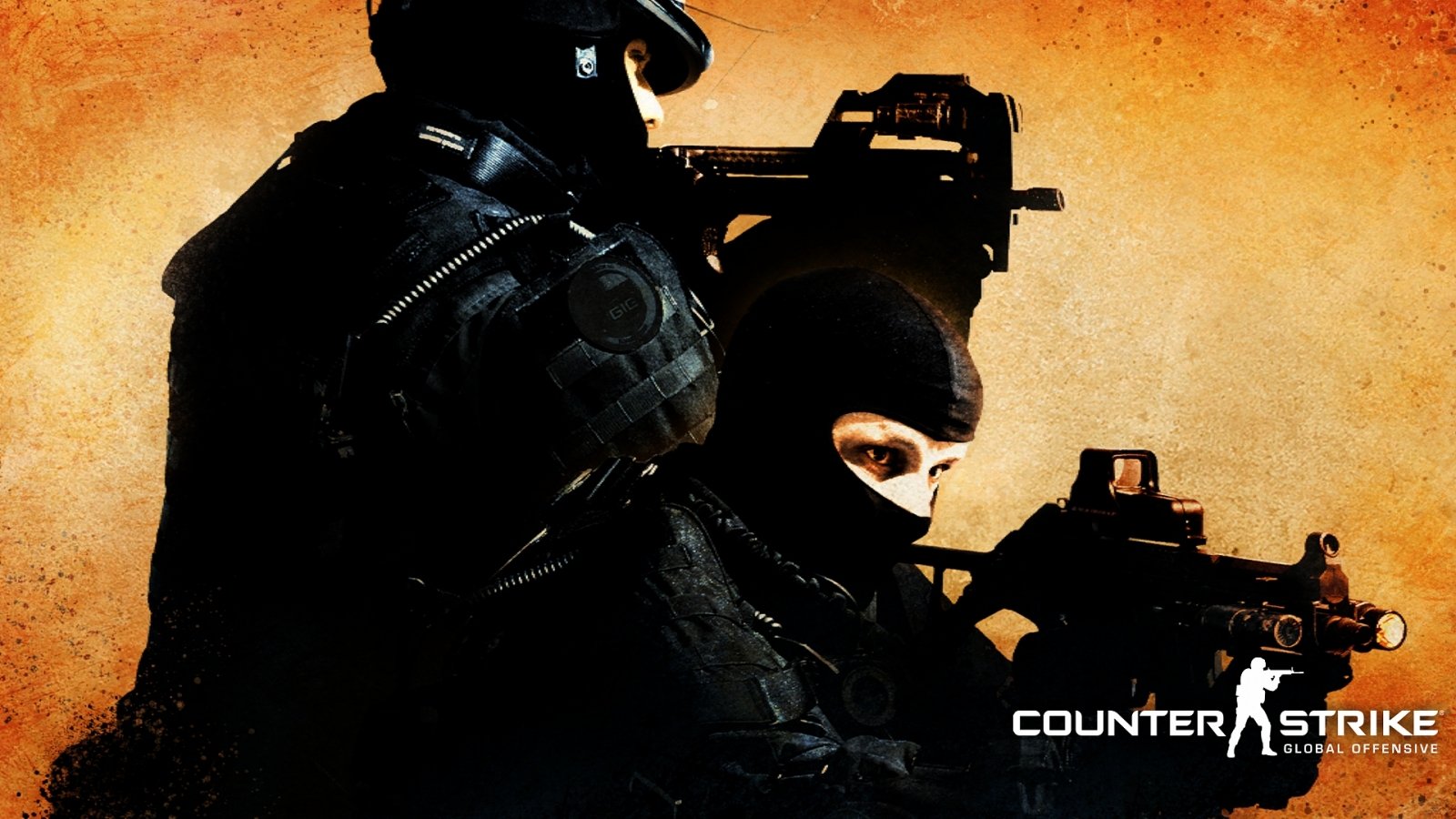 Two armed characters in tactical gear face outward against a vibrant orange backdrop, representing the intensity of gameplay in the video game Counter Strike.