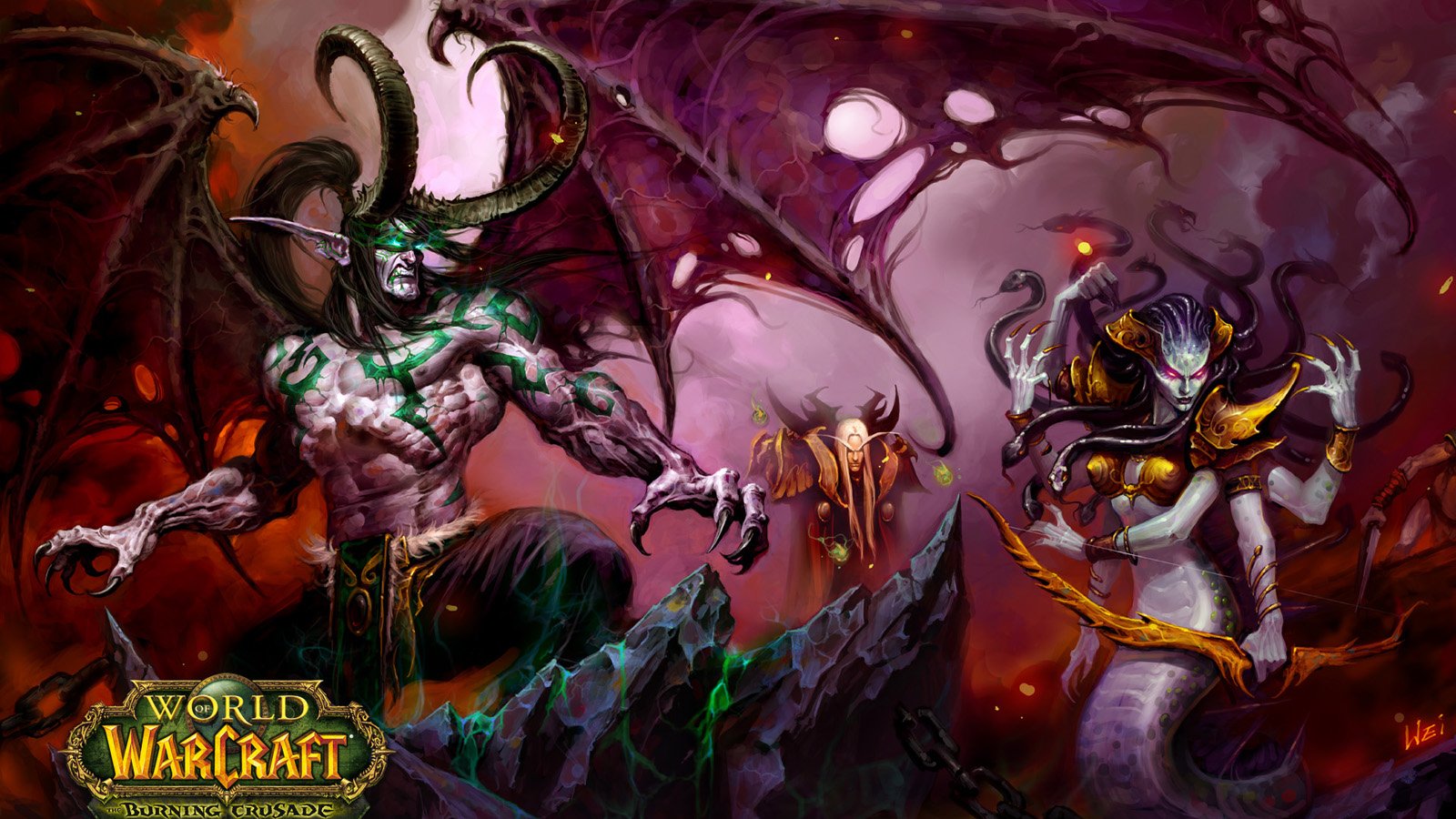 Artwork featuring Lady Vashj, Kael'thas Sunstrider, and Illidan Stormrage from the video game World of Warcraft, set against a dark, dramatic background.