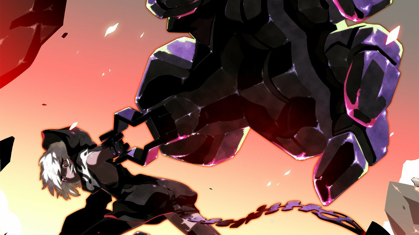 Strength (Black Rock Shooter) from the Black Rock Shooter anime: the white‑haired heroine lunges with a chained weapon at a towering black mech, silhouetted against a fiery sunset.