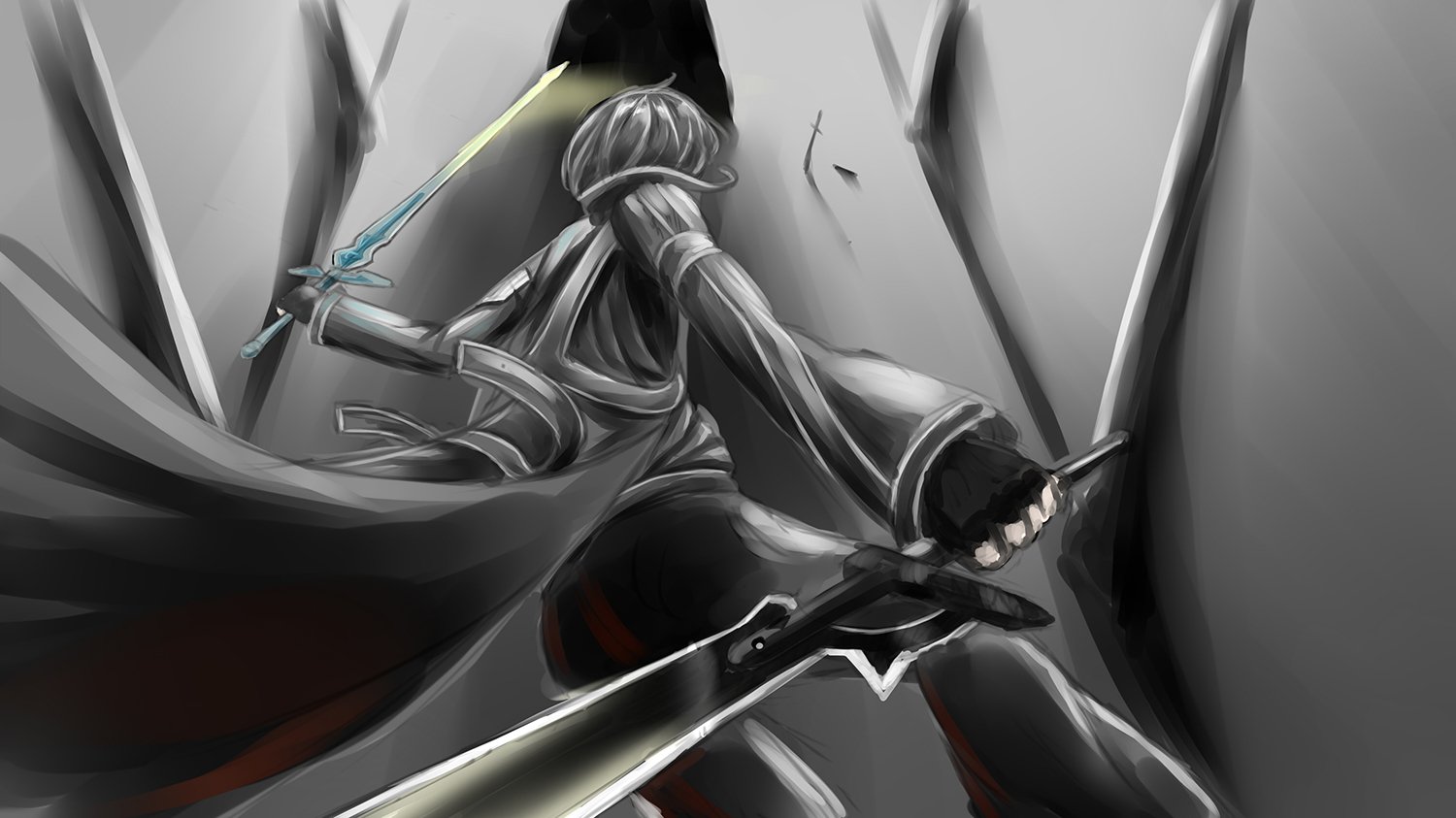 An illustration of Kirito, also known as Kazuto Kirigaya from Sword Art Online, wielding dual swords in a dynamic pose, set against a dramatic, shadowy background.