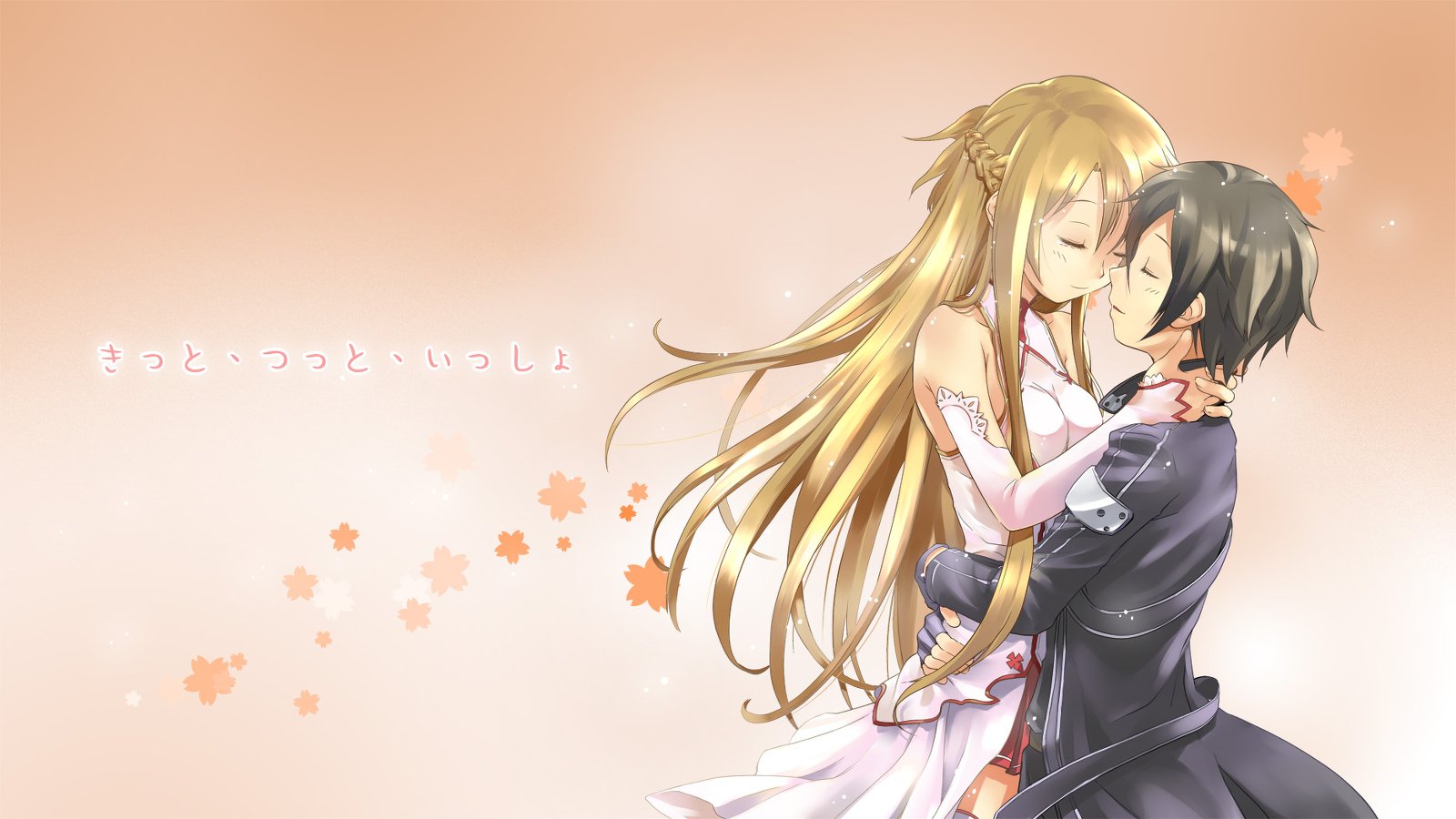 Kazuto Kirigaya and Asuna Yuuki embrace in a romantic scene from the anime Sword Art Online, surrounded by soft colors and floral accents.