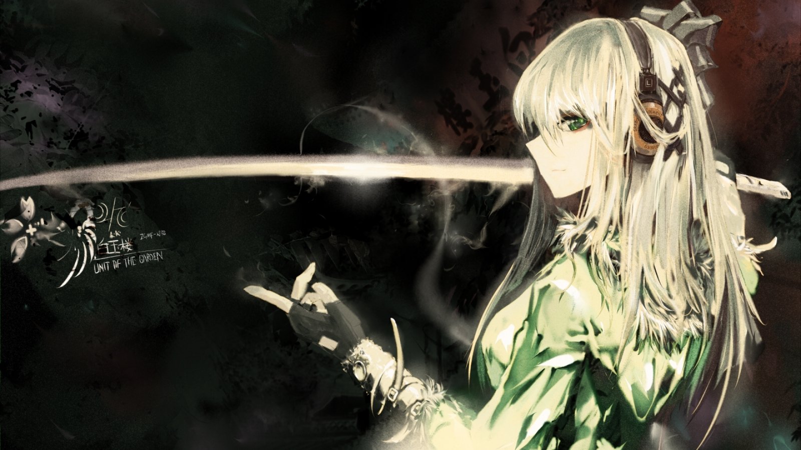A striking image of Youmu Konpaku from Touhou, featuring her green eyes and white hair. She holds a sword with a confident stance against a dark, artistic background.