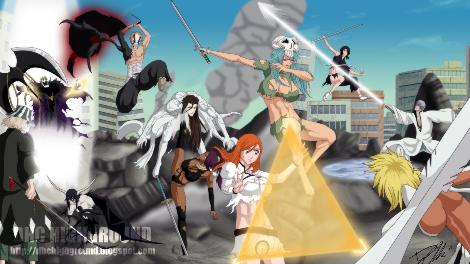 A dynamic scene from the anime Bleach, featuring characters Kisuke Urahara, Ulquiorra Cifer, Ichigo Kurosaki, and others engaged in a fierce battle against a backdrop of a vibrant cityscape.