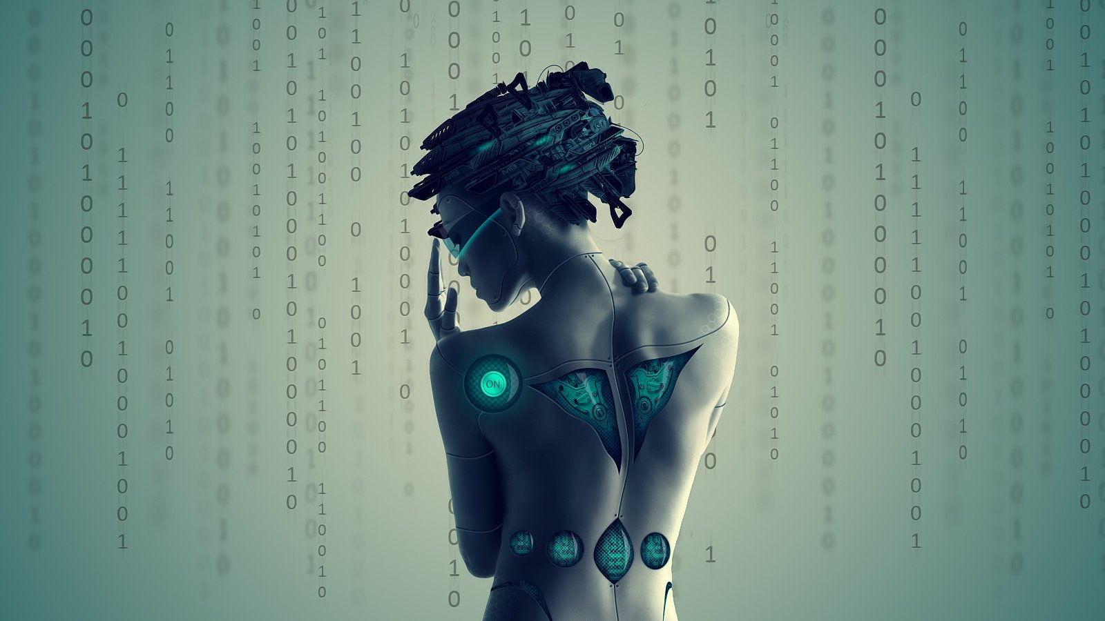 A futuristic cyborg figure stands with a contemplative pose, revealing intricate digital designs on its back, surrounded by a backdrop of binary code in a sci-fi aesthetic.