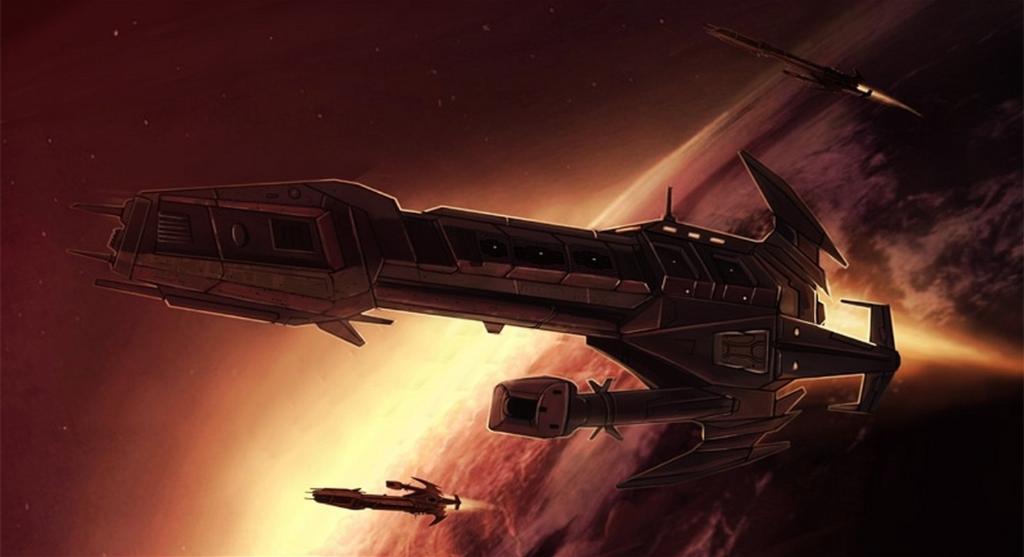 A sleek sci-fi spaceship glides through space with a glowing planet in the background, highlighting advanced futuristic design and interstellar travel.