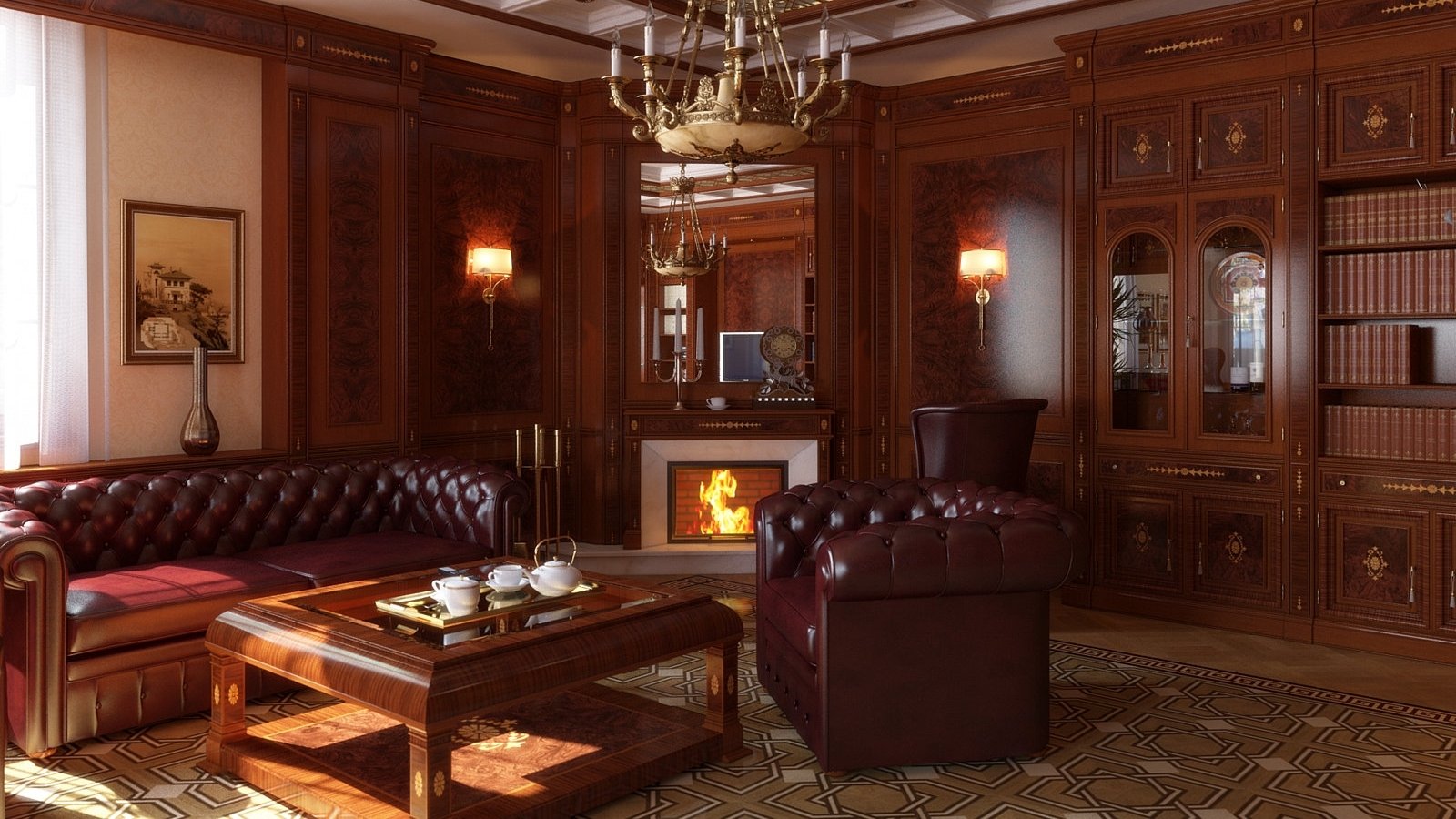 A richly decorated room features a brown leather sofa, a luxurious armchair, a wooden coffee table, and an elegant chandelier, all set against dark wooden paneling and a cozy fireplace.
