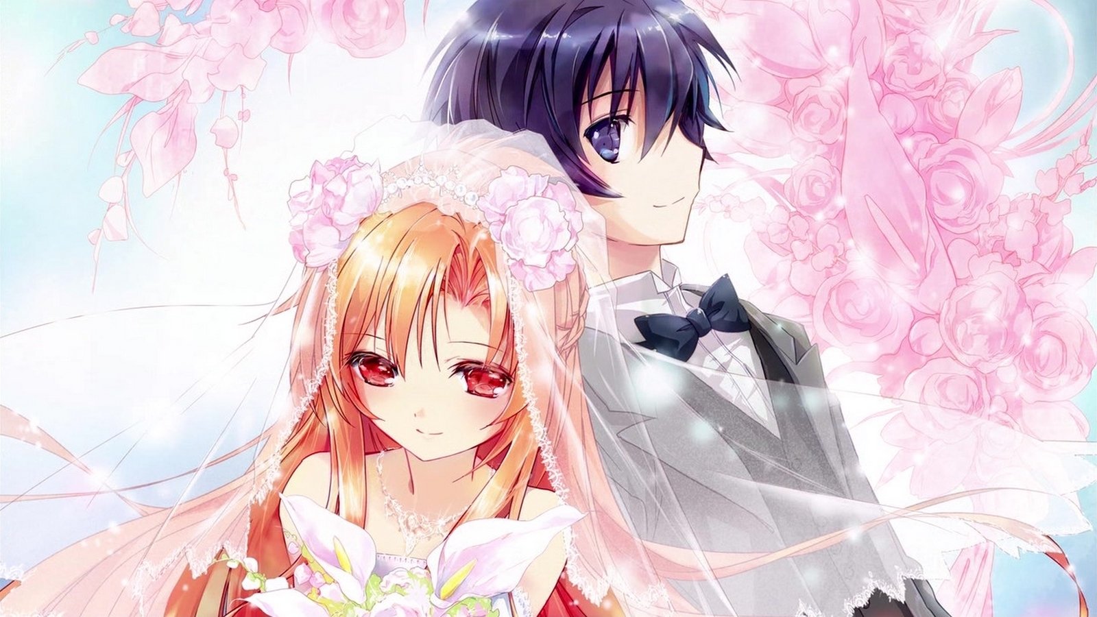 Kirito and Asuna Yuuki from Sword Art Online stand together in a romantic pose, surrounded by pink blossoms, showcasing their bond and adventure in the anime series.