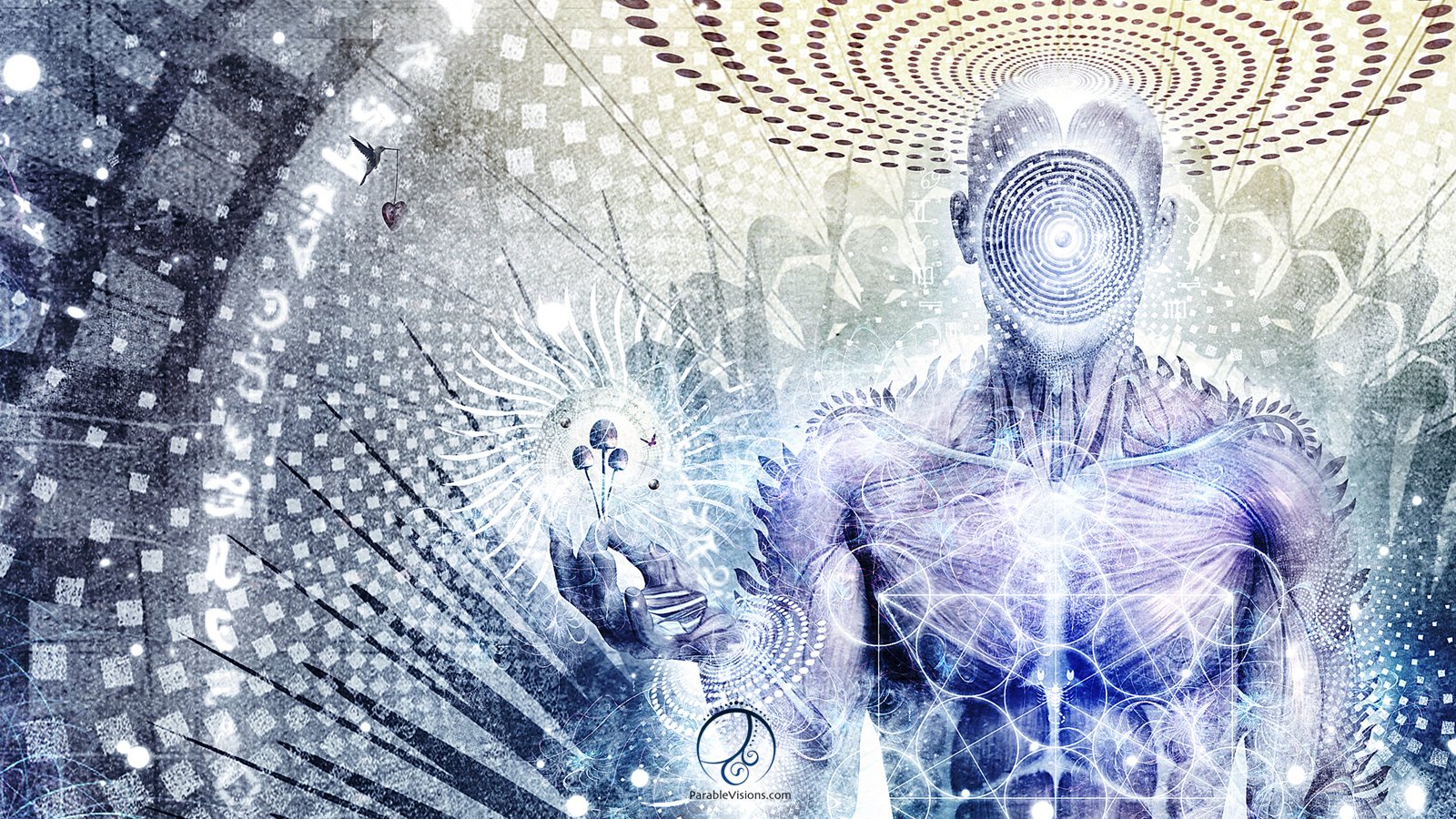An artistic depiction of a human figure surrounded by intricate geometric patterns and radiant light, evoking themes of consciousness and spirituality.