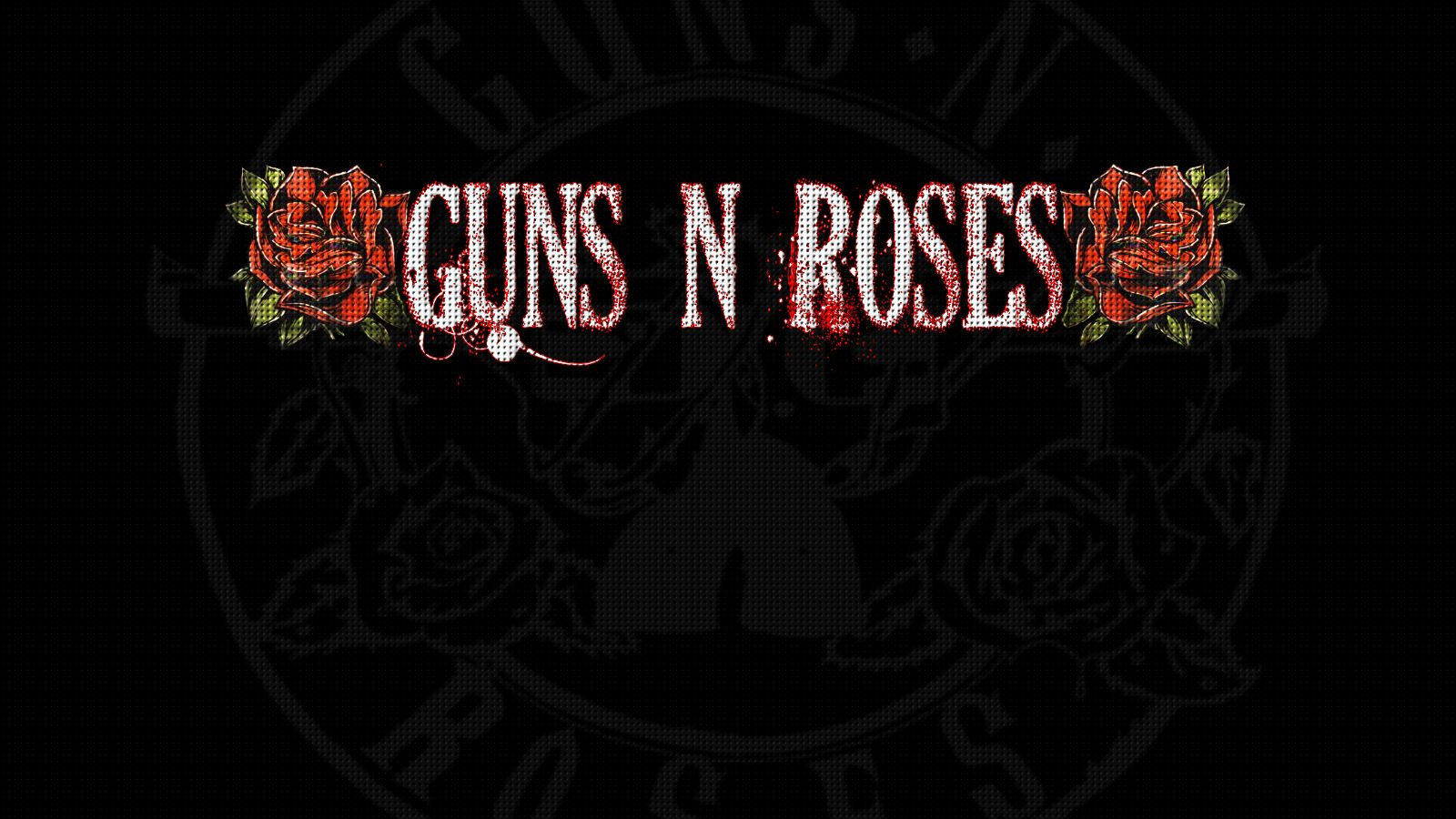The image features a black background with the text Guns N' Roses surrounded by red roses, embodying the iconic rock band's dark, vibrant energy.