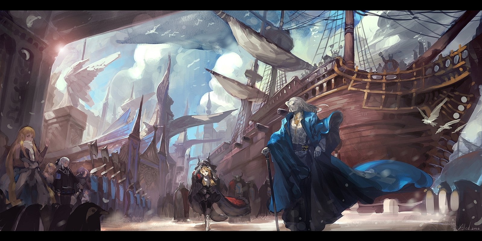 Anime Pixiv Fantasia illustration: cloaked nobles and armored guards gather in a bustling harbor before a colossal wooden sailing ship with billowing sails and fluttering banners.
