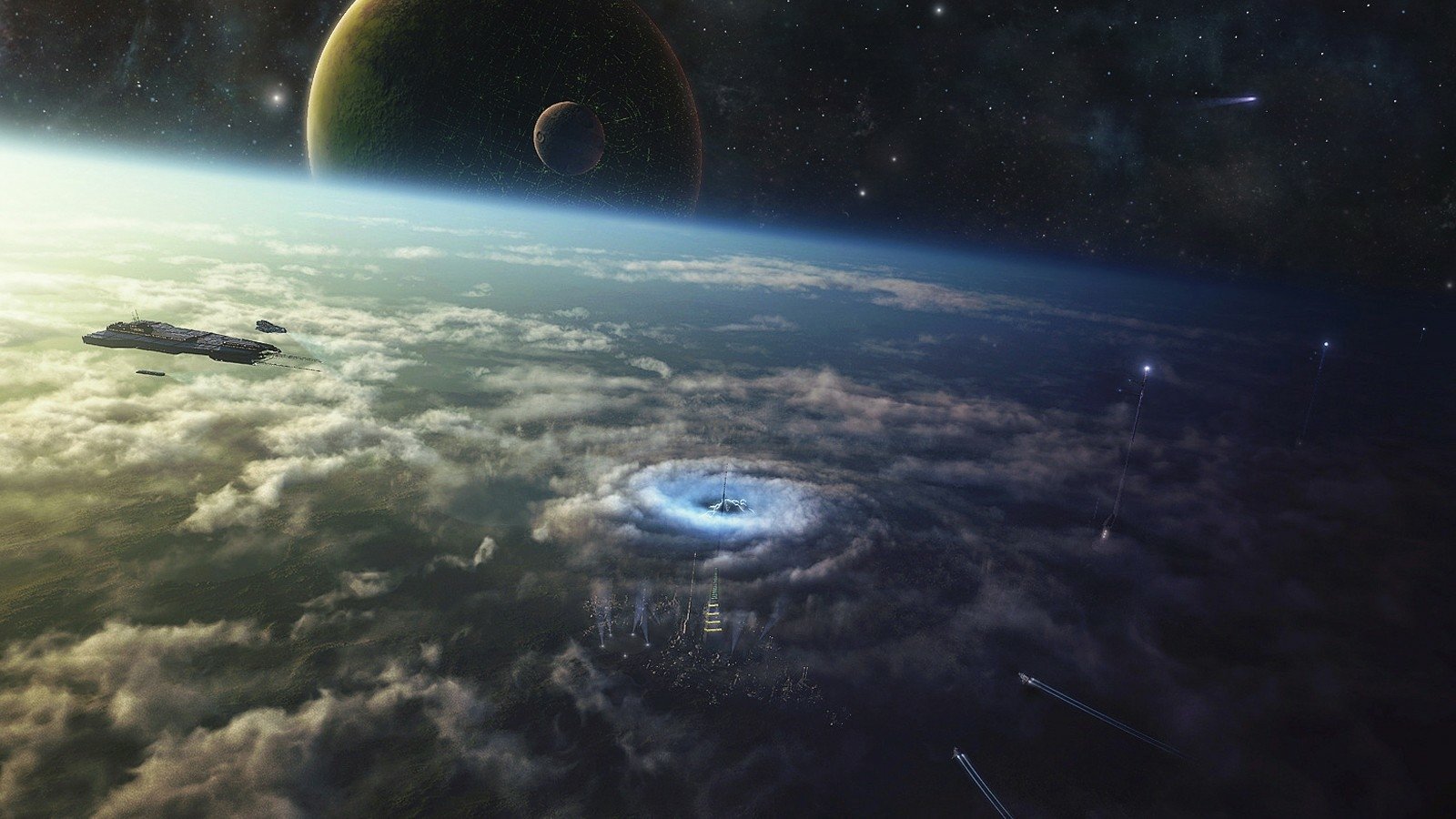 A sci-fi planetscape showing a massive swirling vortex above dense clouds, with distant planets visible against a starry sky.