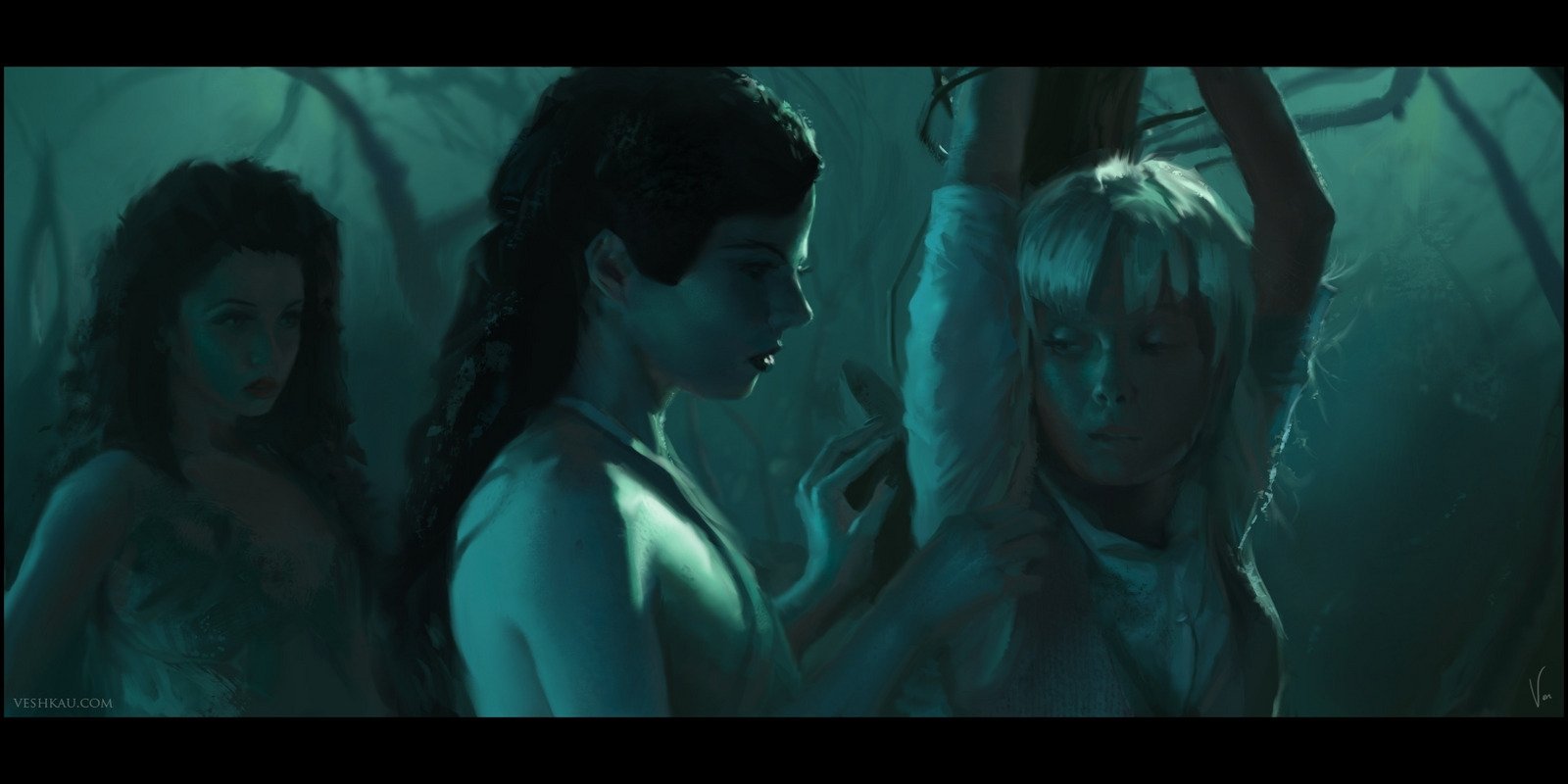 Three women in a teal-lit tangled forest as two close in on a pale blonde with her hands bound overhead — a tense scene from the movie Lesbian Vampire Killers.