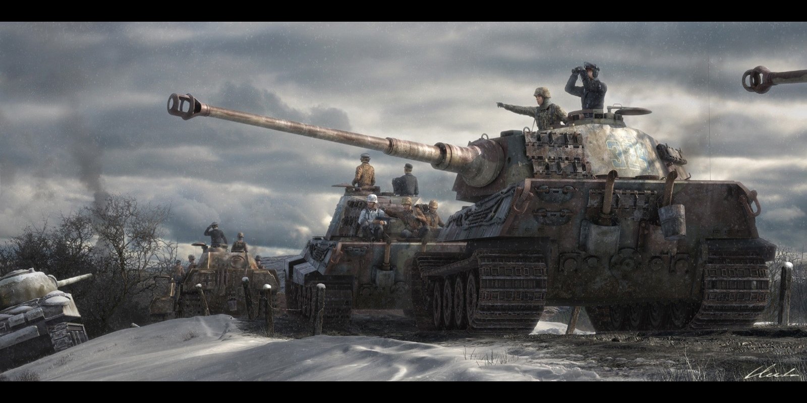 A group of military tanks is positioned on a snowy landscape under a dramatic sky, with soldiers visible on top, highlighting their readiness for action.