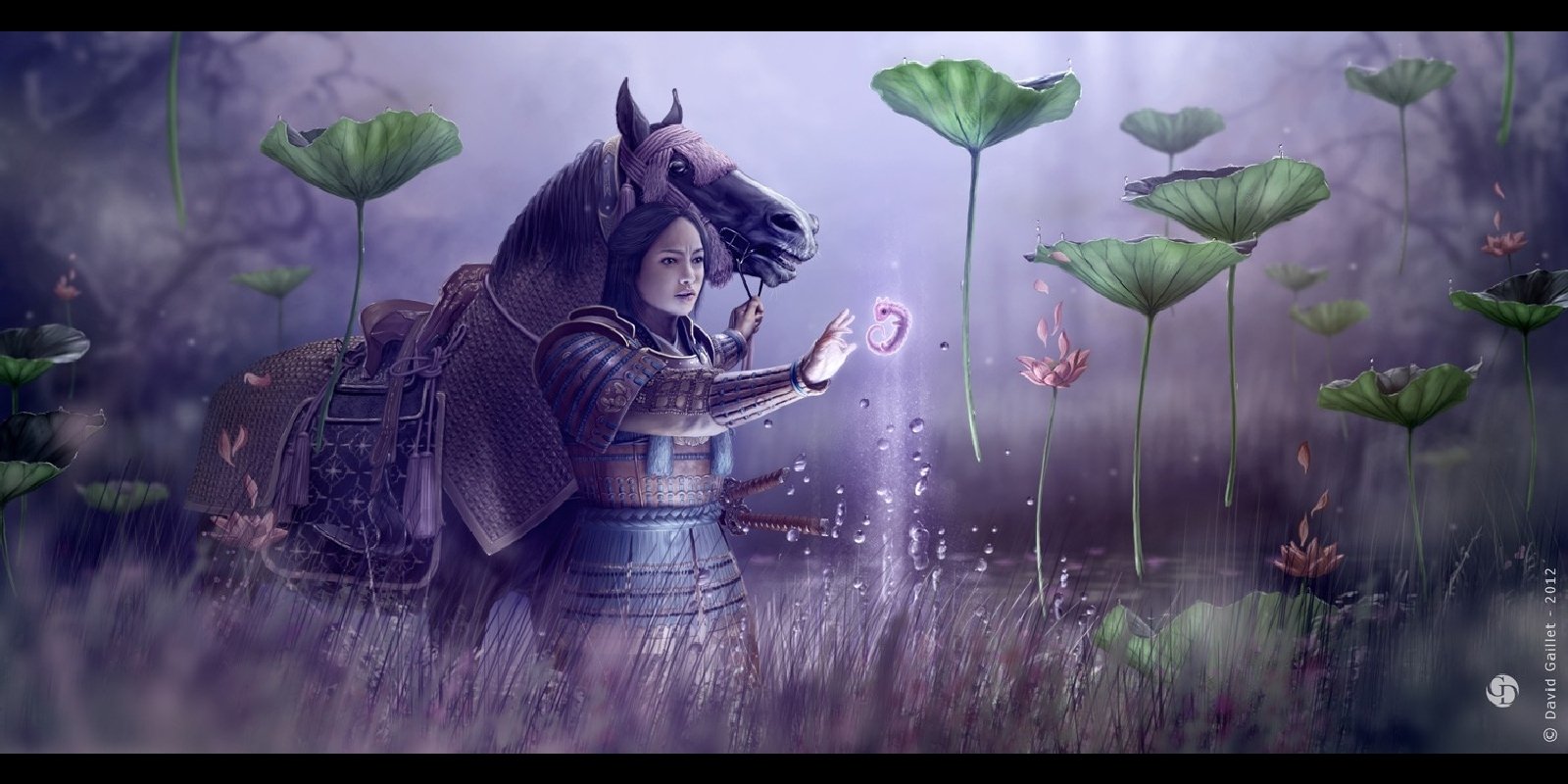 A women warrior stands in a mystical landscape, dressed in armor, as she interacts with luminous magic, accompanied by a majestic horse amidst large, green lotus leaves.