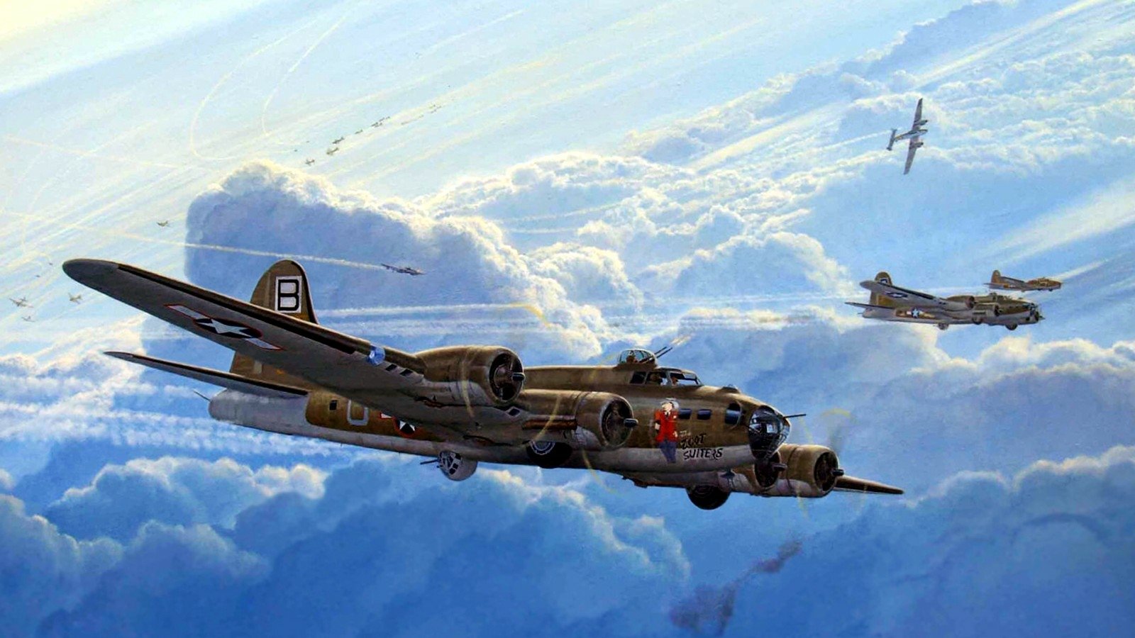 A Boeing B-17 Flying Fortress soars through a cloudy sky, flanked by other military aircraft, showcasing the power and legacy of air force aviation.