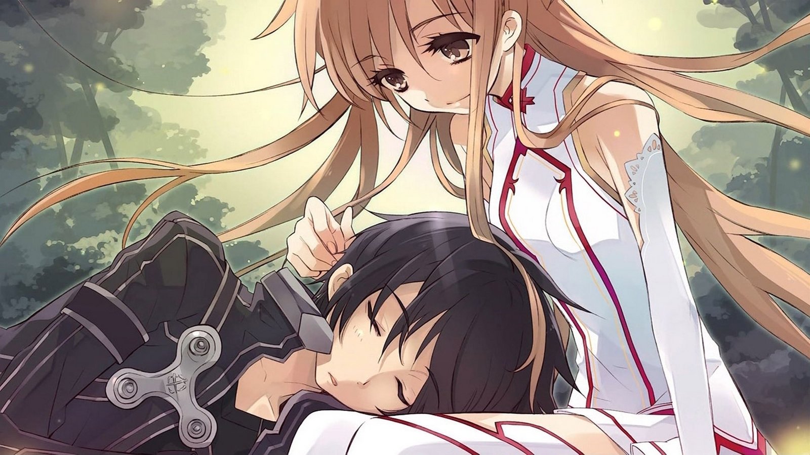 Kirito and Asuna Yuuki from Sword Art Online are depicted in a serene moment, with Asuna gently touching Kirito's head as he rests peacefully in a lush, green setting.