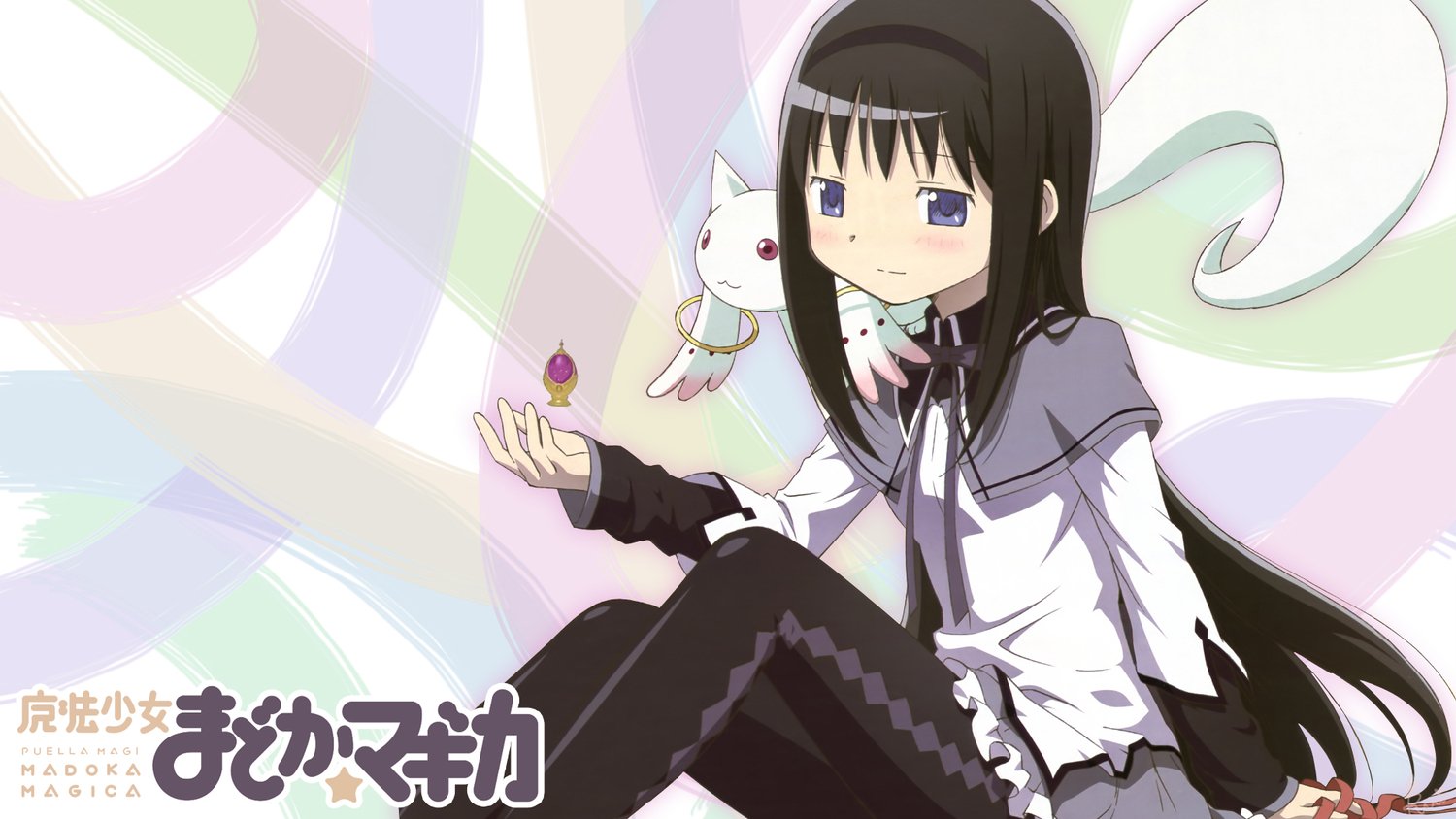 Homura Akemi and Kyuubey from Puella Magi Madoka Magica are depicted in this anime-style image with soft pastel backgrounds and the series logo.