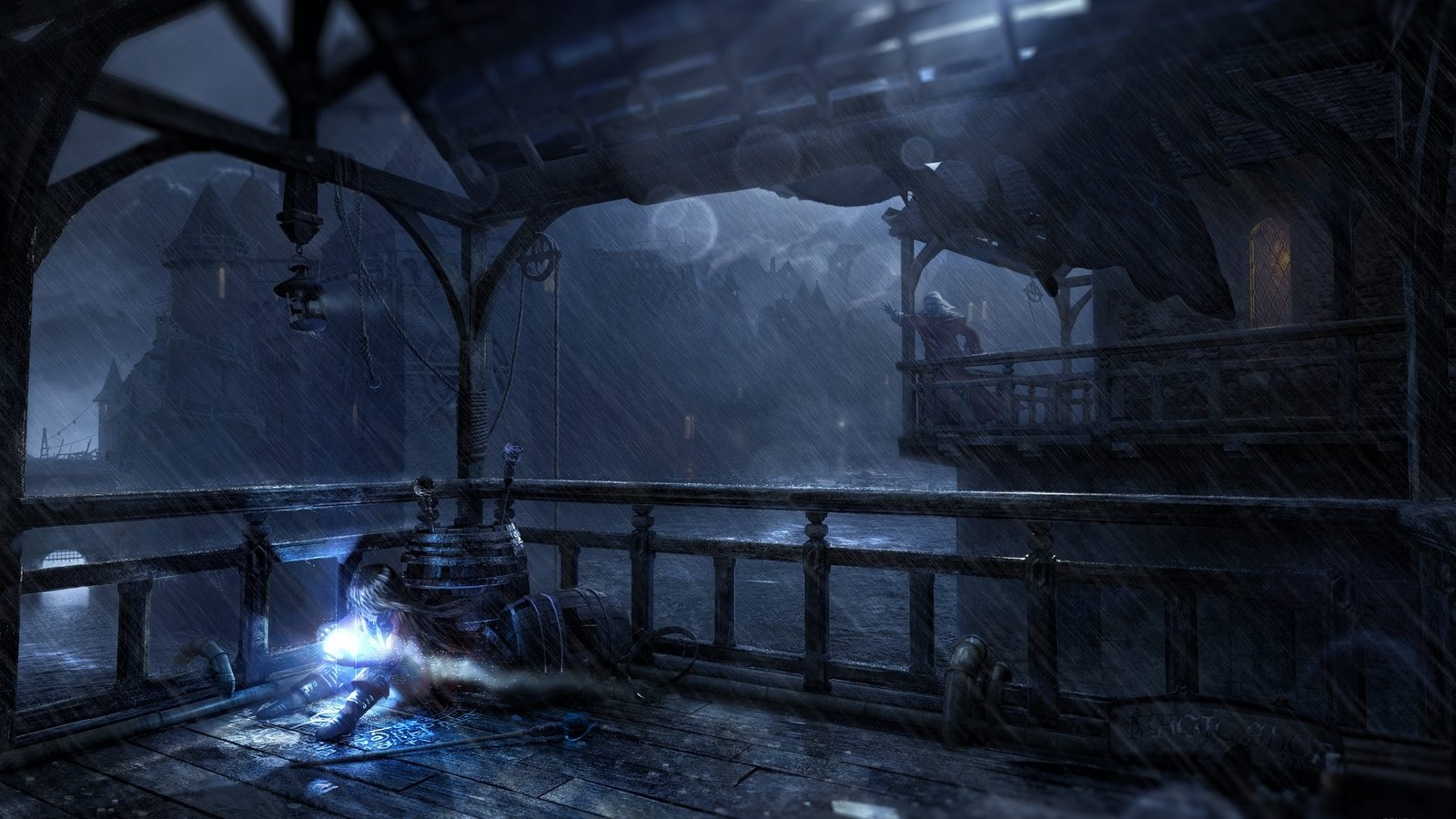 A shadowy figure wields dark magic on a stormy, rain-soaked balcony under a gloomy, thunderous sky.