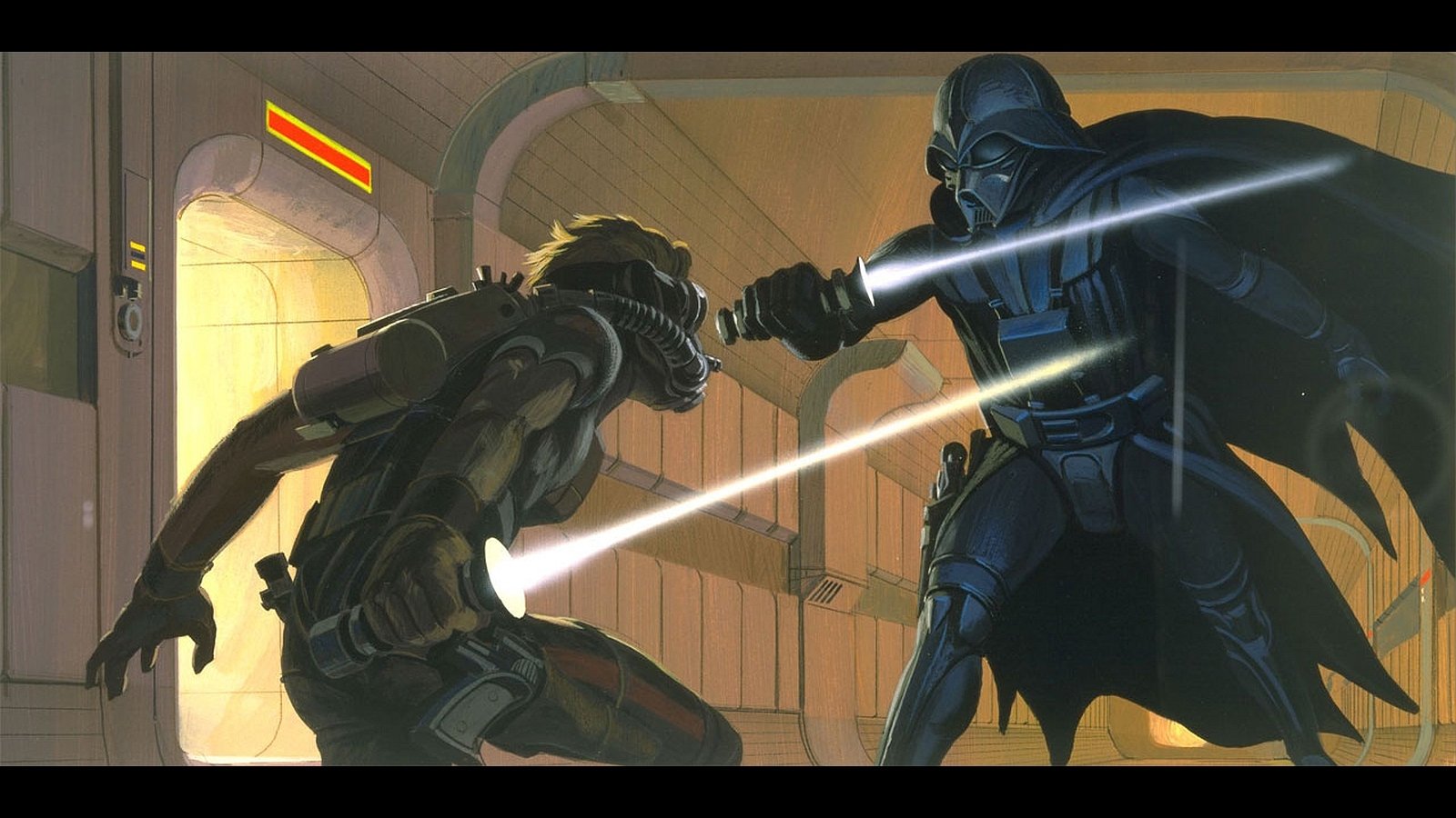 Darth Vader, the Sith Lord from Star Wars, clashes with an armored opponent in a dramatic sci-fi corridor duel.