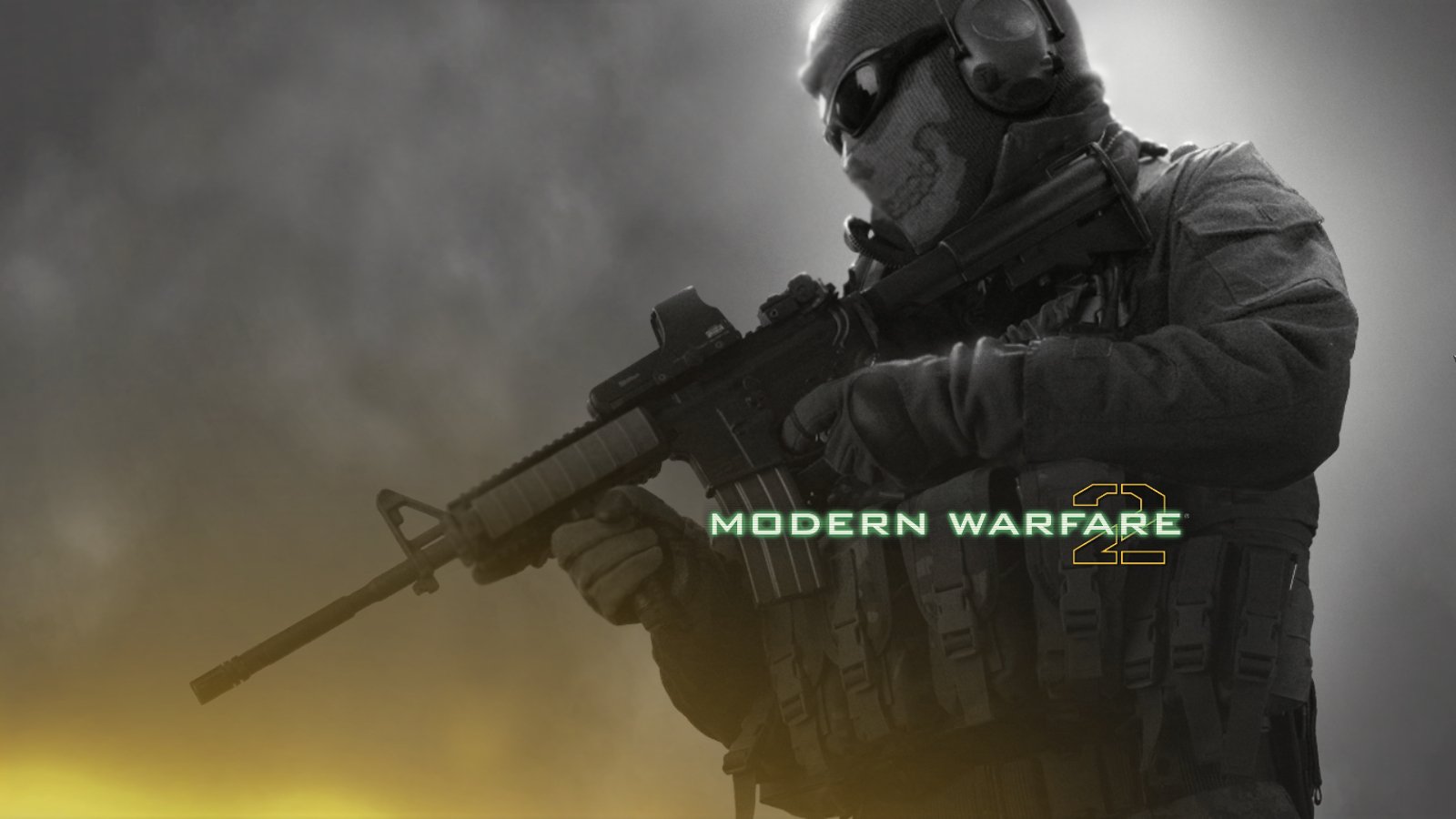A soldier in tactical gear holds an assault rifle against a dramatic background, featuring the title Modern Warfare 2 prominently in green text.
