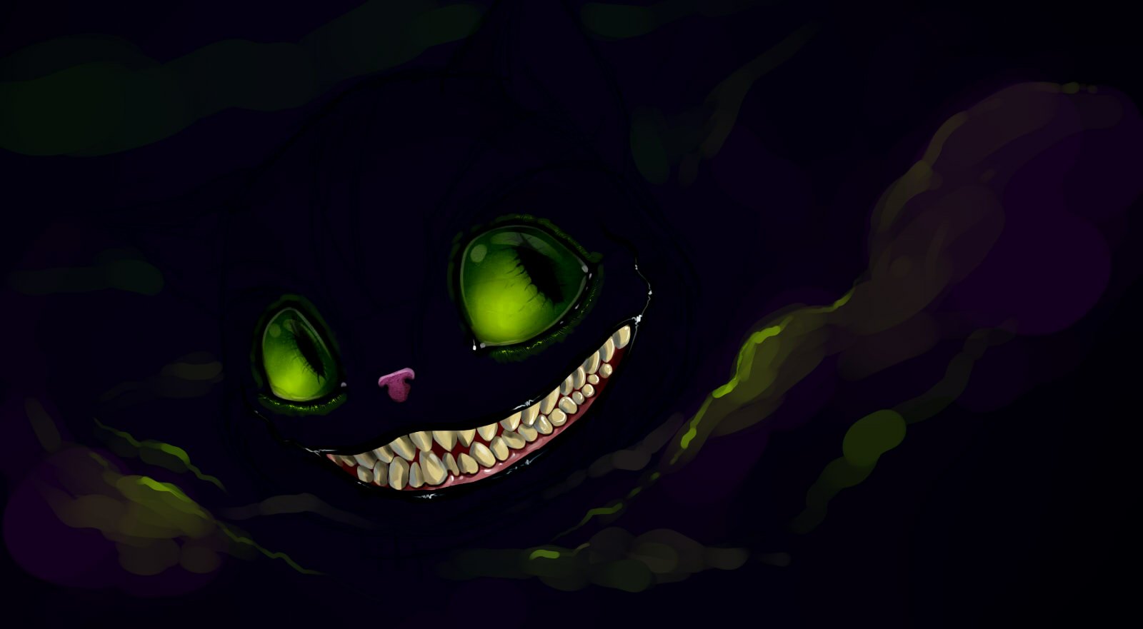 Fantasy Alice in Wonderland scene: the Cheshire Cat's glowing green eyes and wide, jagged grin drift out of swirling shadow and smoke.