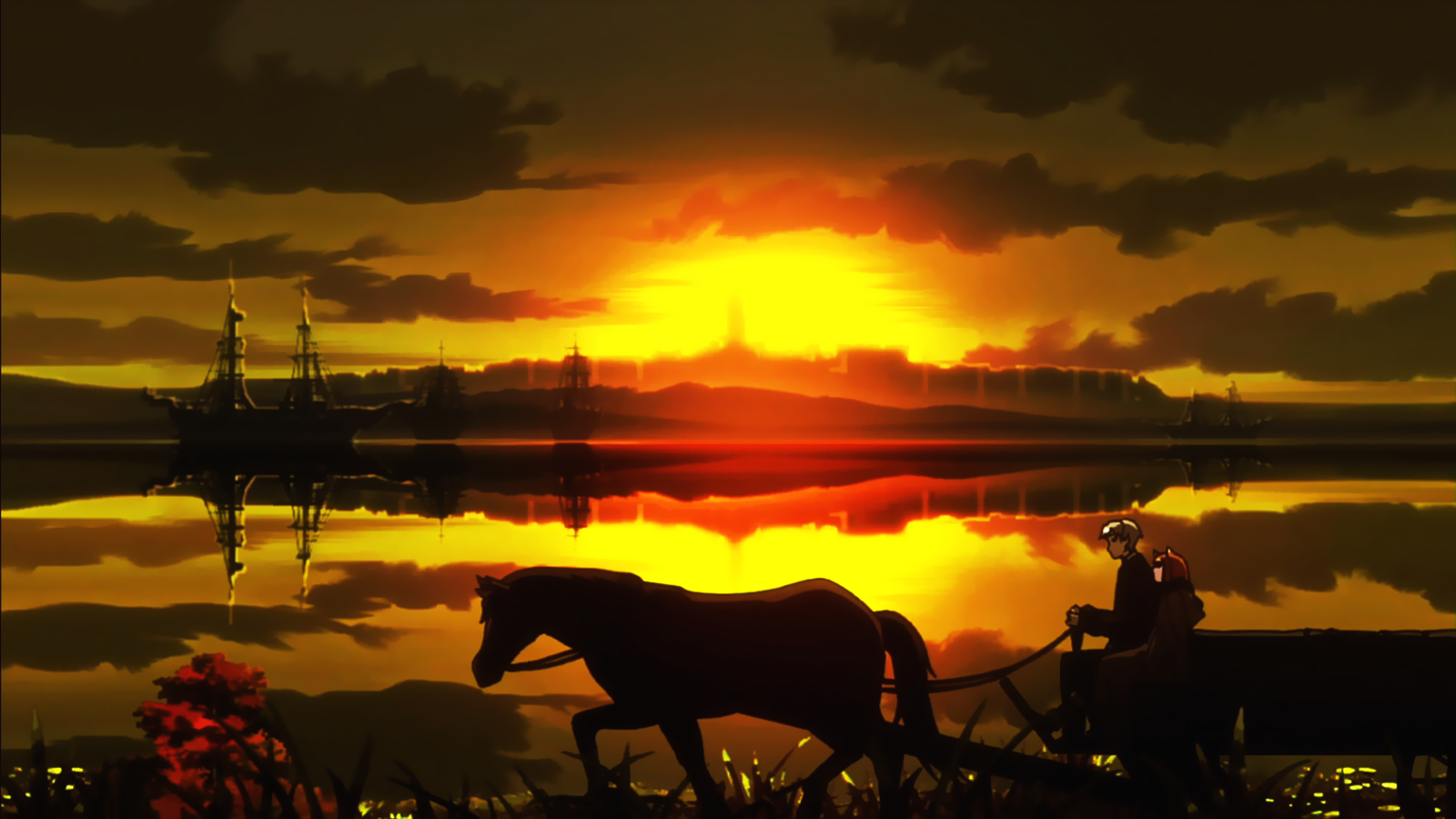A stunning sunset reflects over calm waters, featuring Kraft Lawrence and a horse from *Spice and Wolf*, with ships silhouetted against the vibrant sky, capturing the anime's enchanting atmosphere.