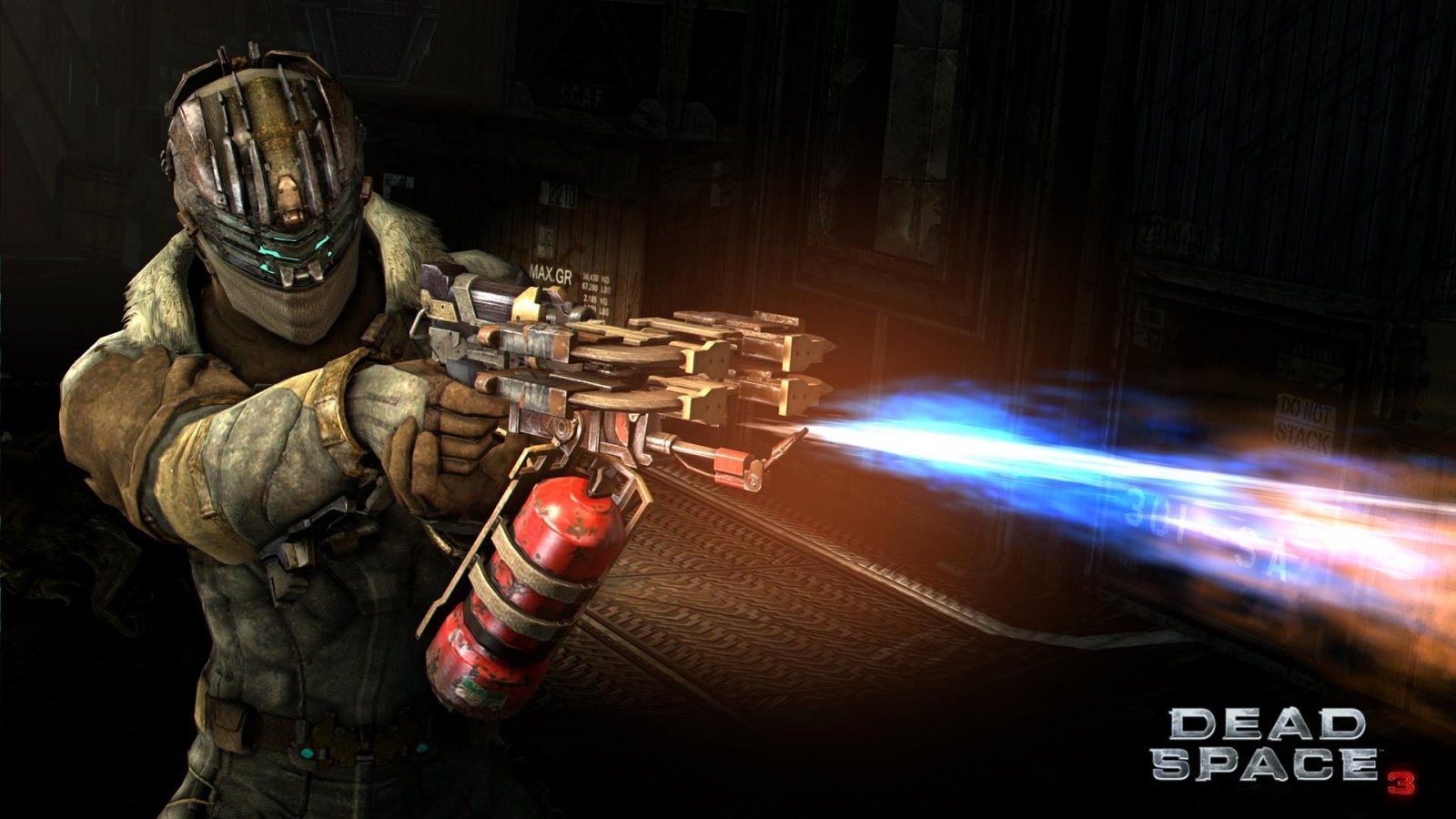 Dead Space 3 video game: armored protagonist fires a blue‑flamed weapon in a dark, industrial corridor.