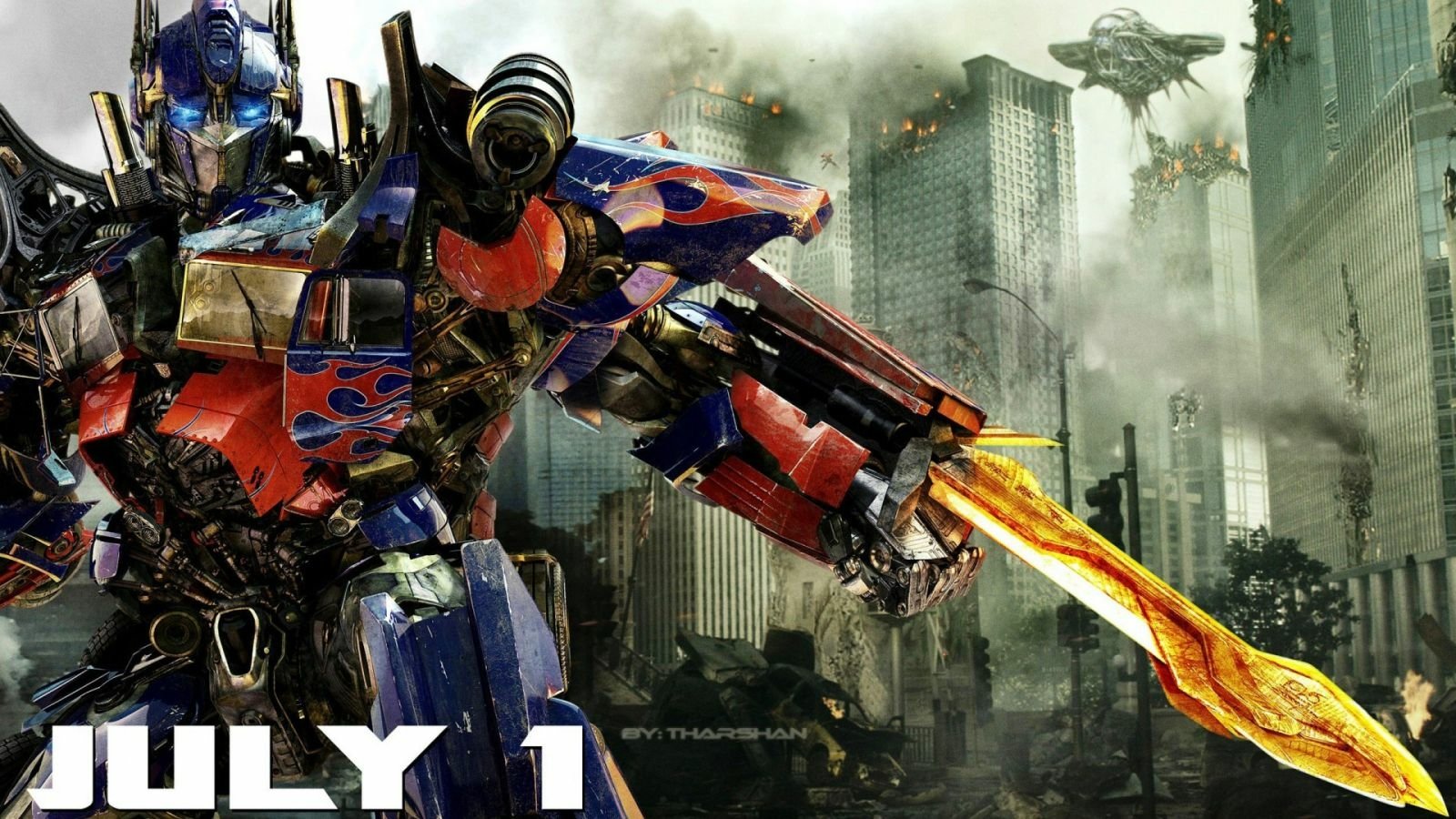 Optimus Prime wielding a fiery sword amidst a smoky, destroyed cityscape in the movie Transformers: Dark of the Moon, with a July 1 release date displayed.