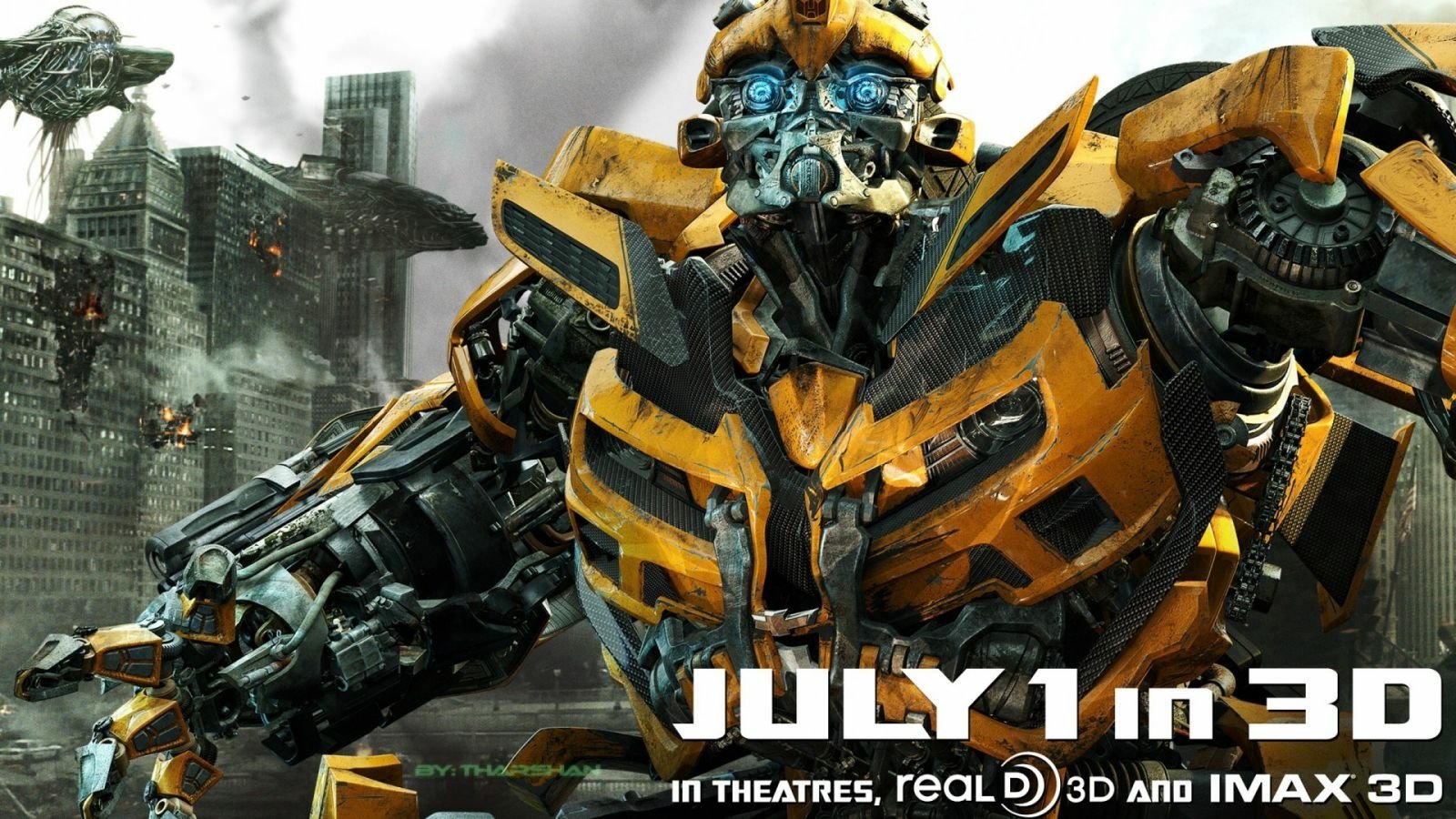 A dynamic scene from the movie Transformers: Dark of the Moon features Bumblebee in battle-ready pose amidst a city under attack.