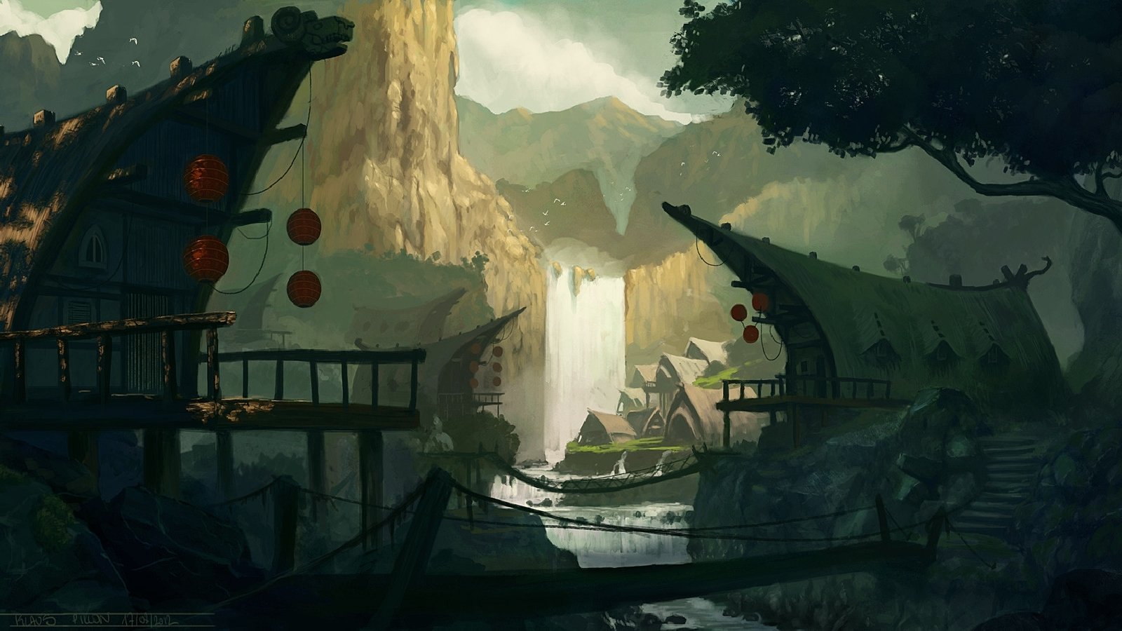 A serene fantasy landscape featuring a village with curved roofs, red lanterns, a cascading waterfall, and towering cliffs under a cloudy sky.