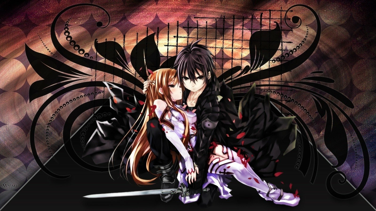 Kirito and Asuna Yuuki from Sword Art Online are depicted together in an expressive anime artwork, showcasing their deep bond amidst a dramatic backdrop.