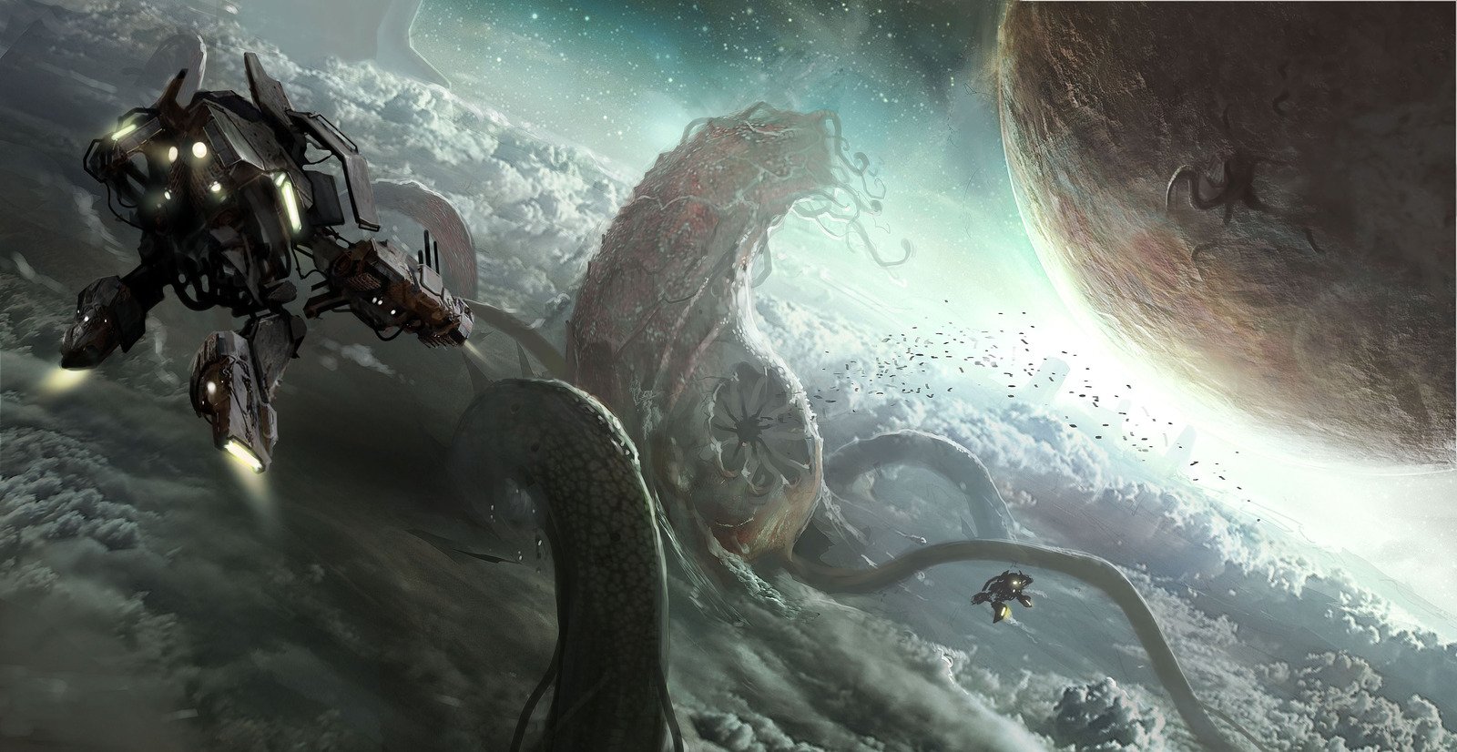 A Sci-Fi spaceship and a mech confront massive tentacles emerging from clouds near a large planet in deep space.
