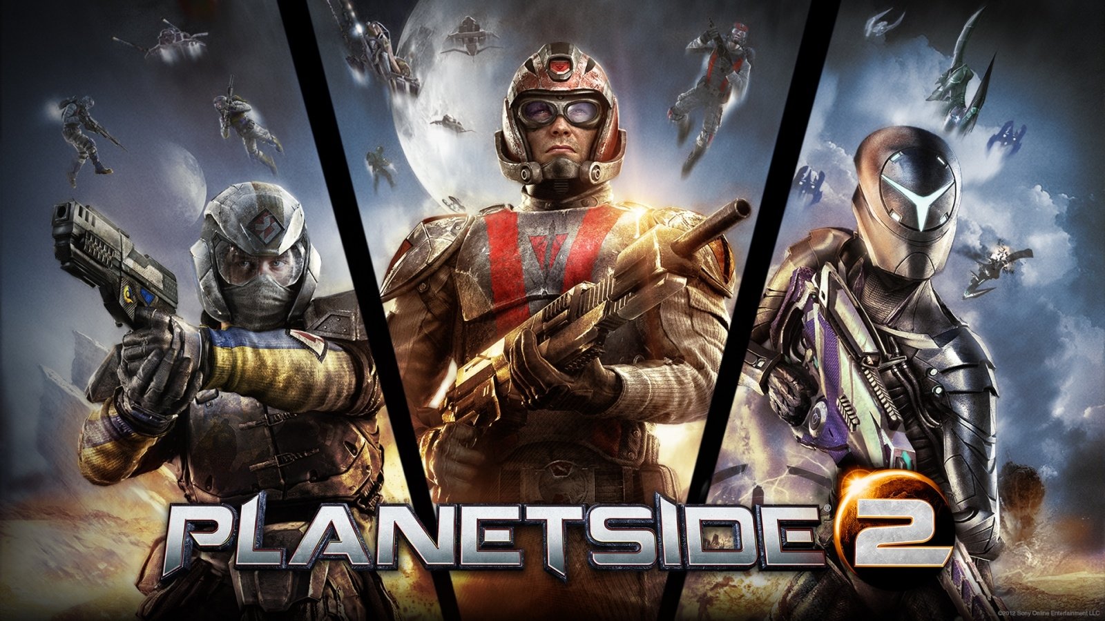 Promotional artwork for the video game Planetside 2 featuring three futuristic soldiers in distinct armor and weapons, set against a dramatic sky backdrop.