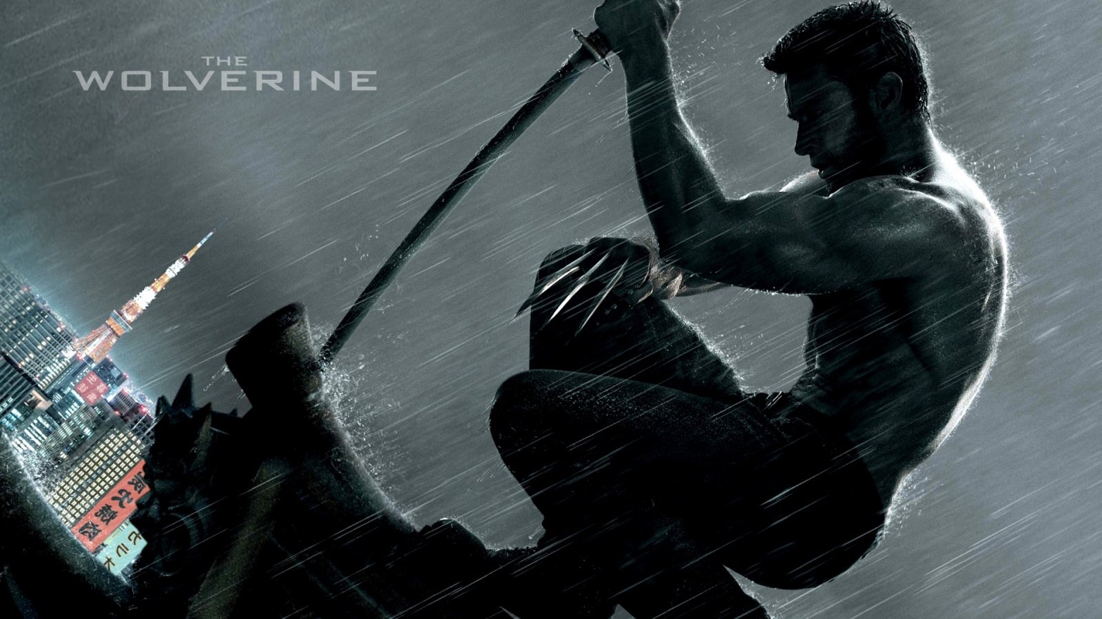 Promotional image from the movie The Wolverine featuring the character wielding a katana against a rainy cityscape backdrop.