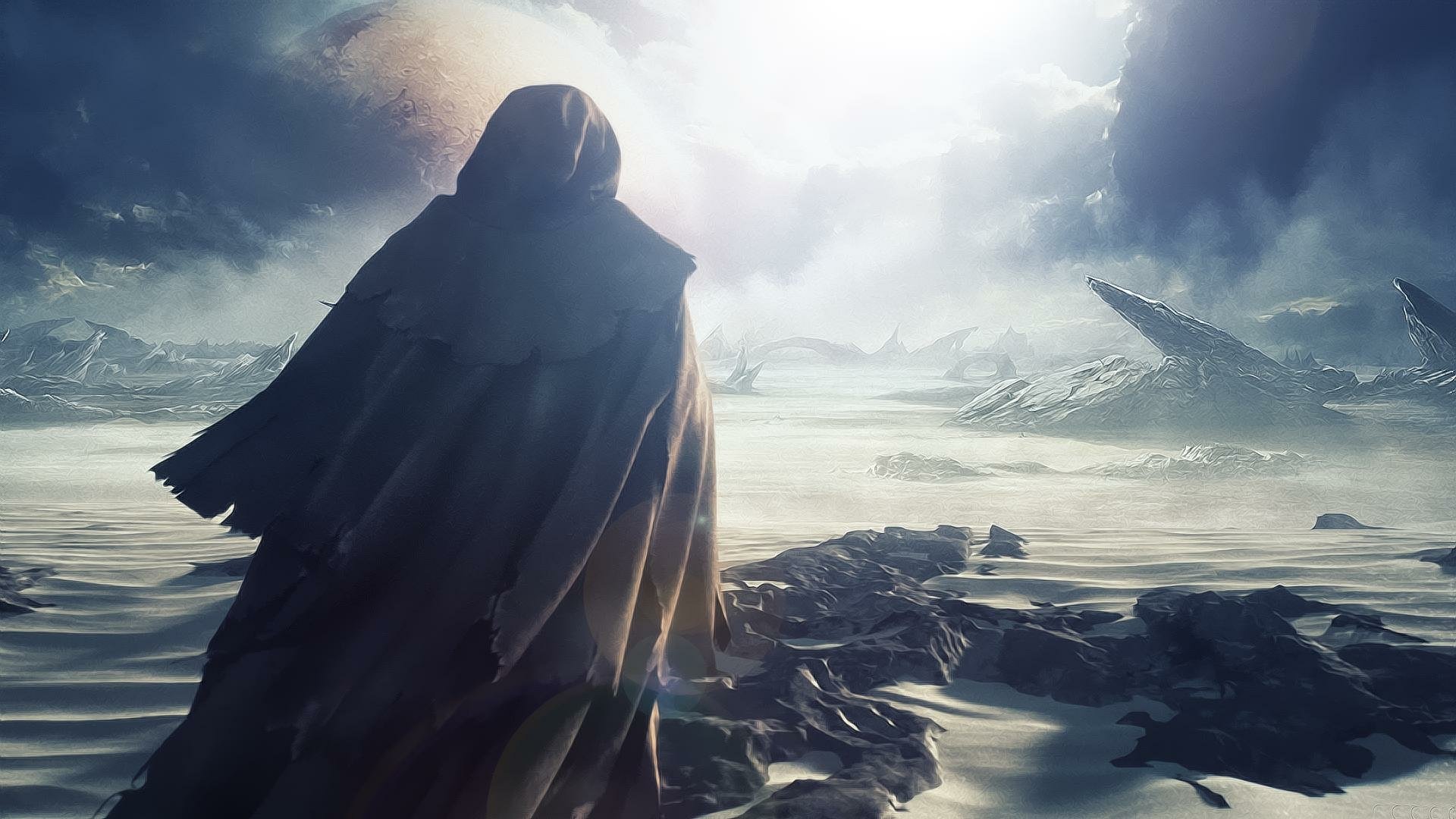 A cloaked figure stands in a desolate landscape, evoking a sense of mystery and exploration in the world of the video game Halo 5: Guardians.