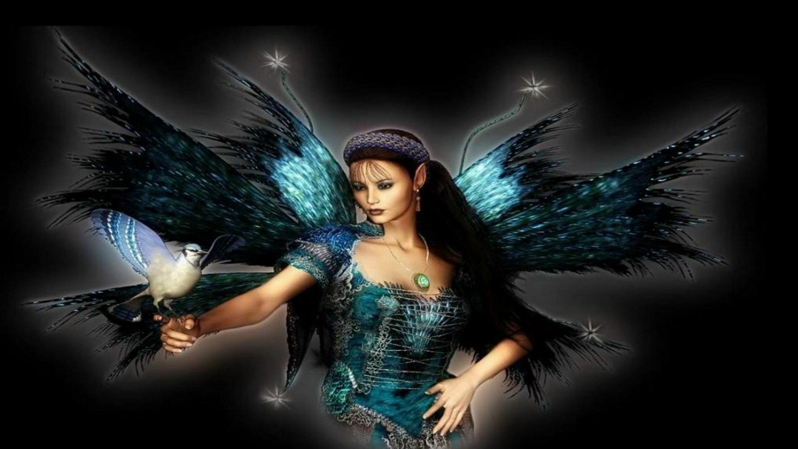 A captivating fairy with shimmering blue wings stands gracefully, holding a small bird. Stars twinkle in the background, enhancing the enchanting fantasy atmosphere.