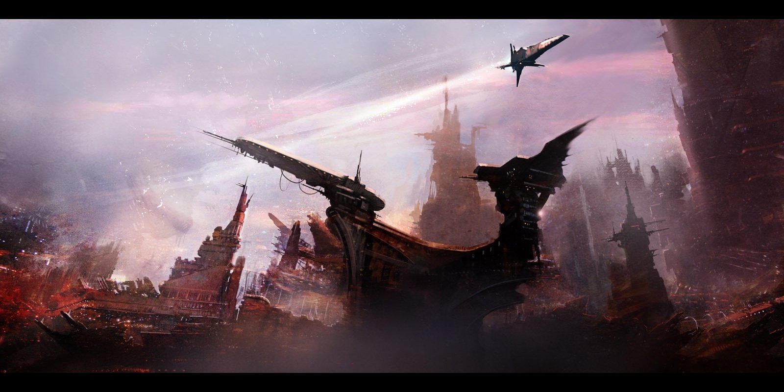 Sci-fi skyline of jagged ruined towers and a massive ship hull in the foreground; a sleek spaceship streaks across pink, smoky clouds.