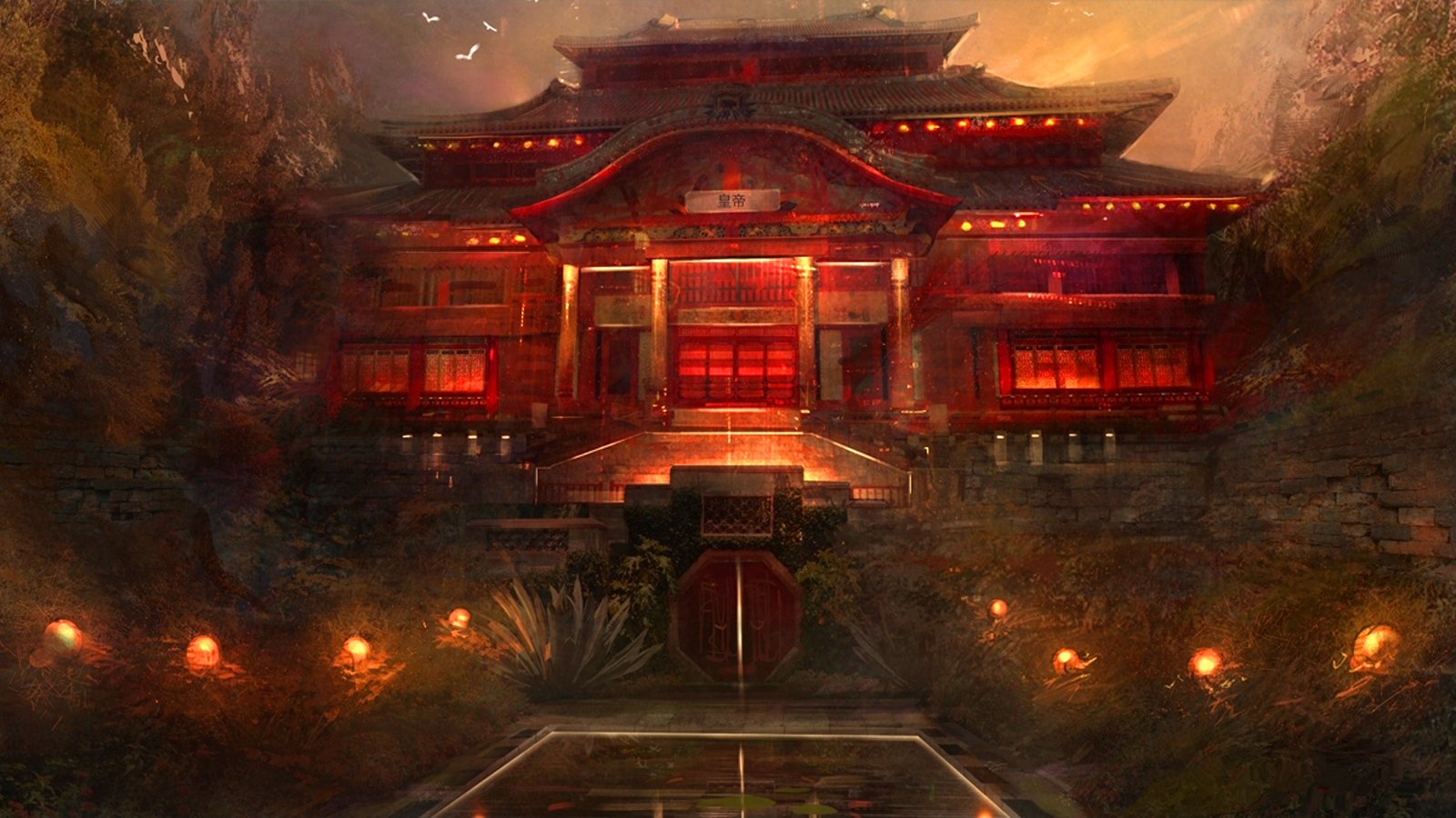A stunning fantasy scene featuring an ornate oriental temple illuminated by warm lights, surrounded by a mystical landscape and a serene reflecting pond.