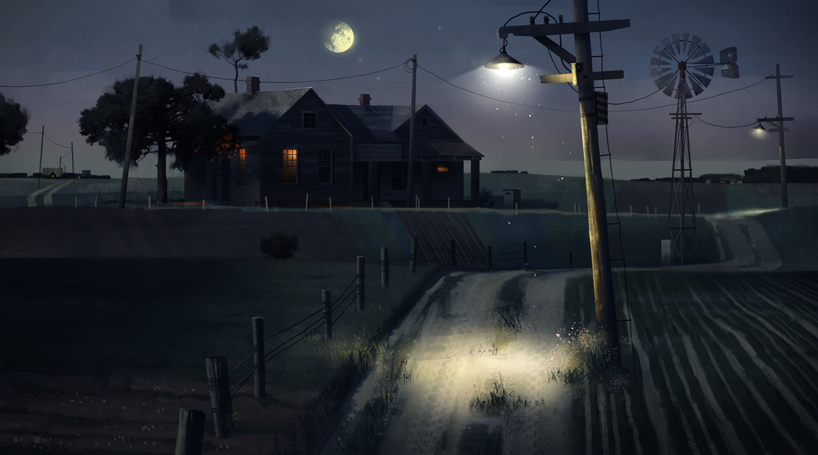 dirt road street light artistic house Image